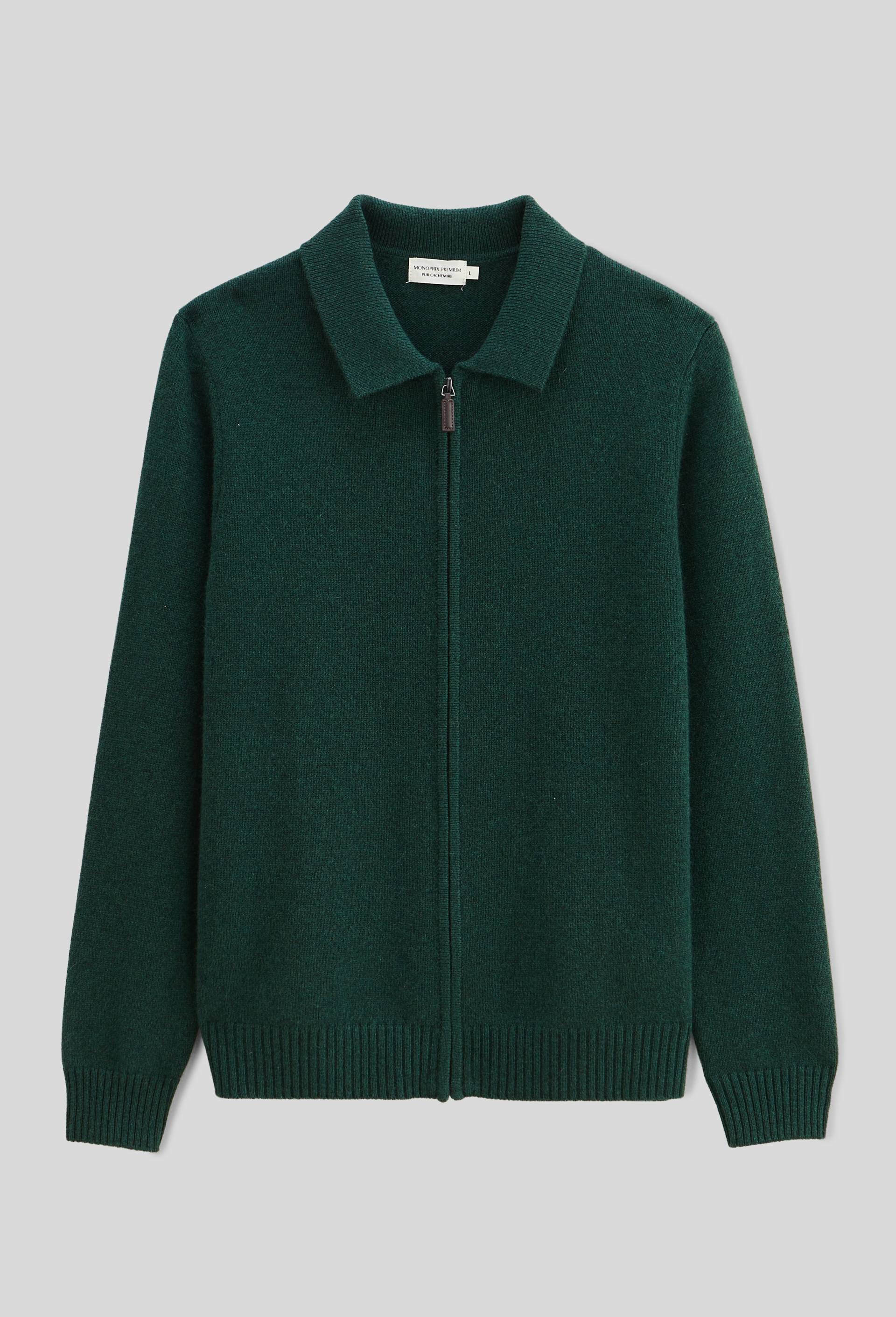 Gilet zipp&eacute; col polo en cachemire, Vert fonc&eacute;, large image number 3