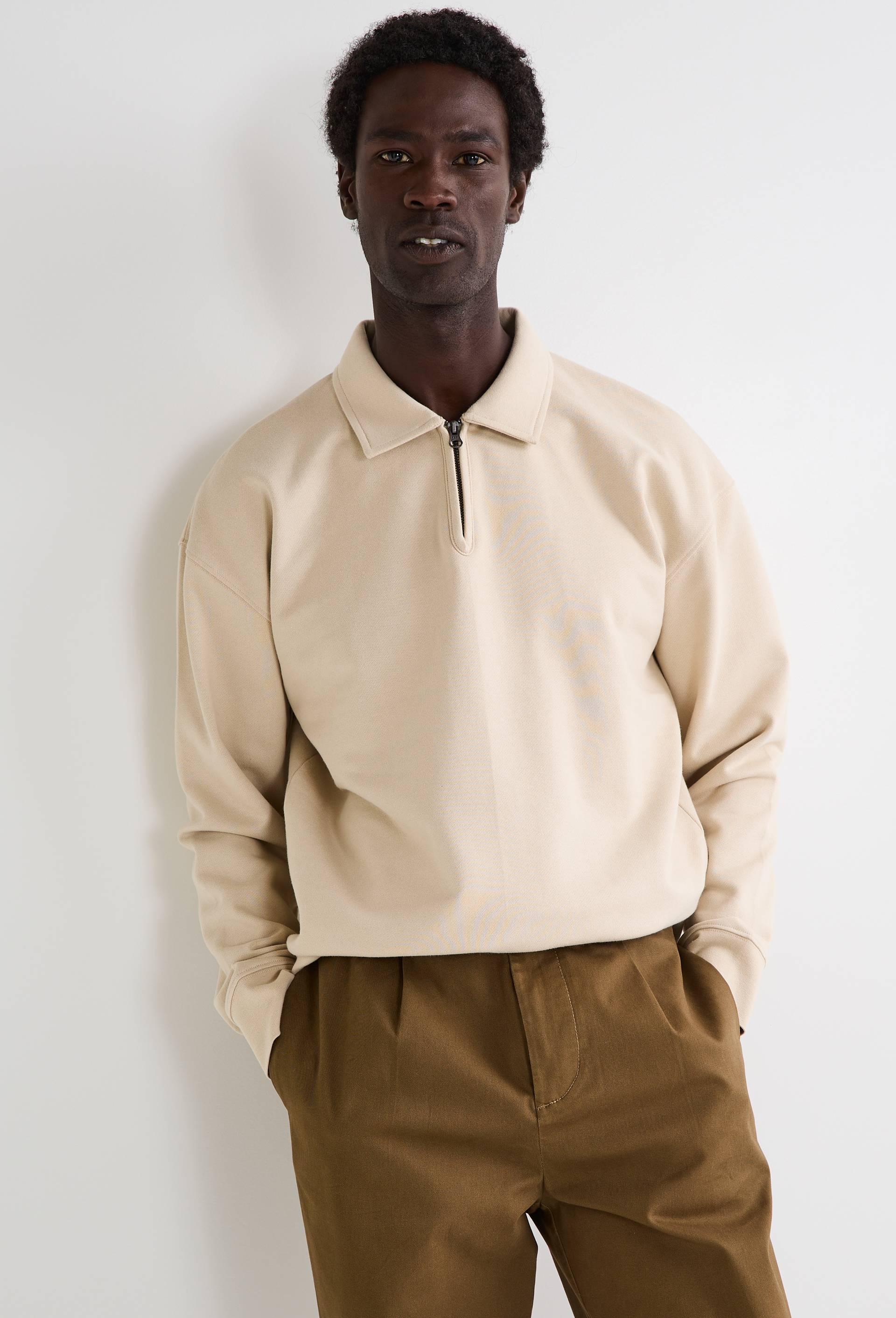 Sweat col polo zipp&eacute; en coton BIO GOTS, Beige clair, large image number 3