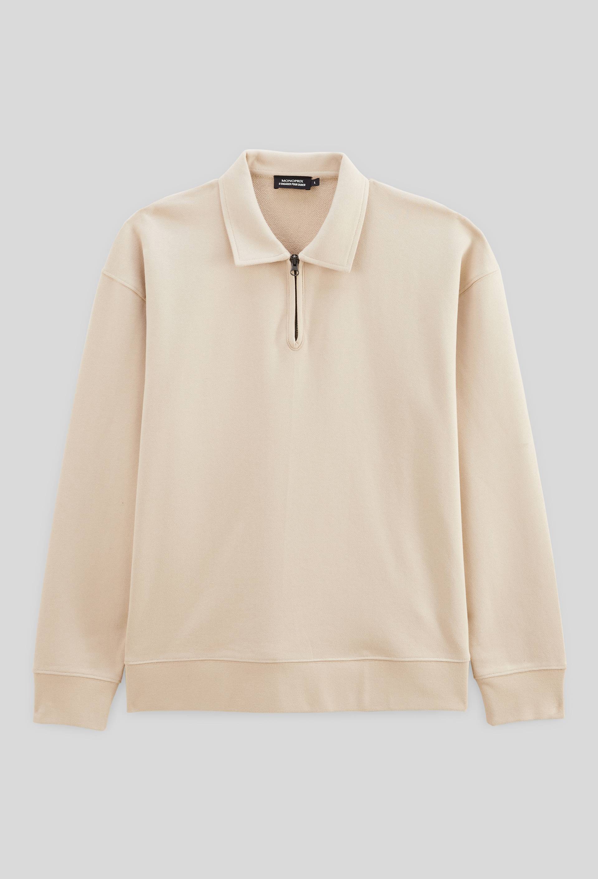 Sweat col polo zipp&eacute; en coton BIO GOTS, Beige clair, large image number 5