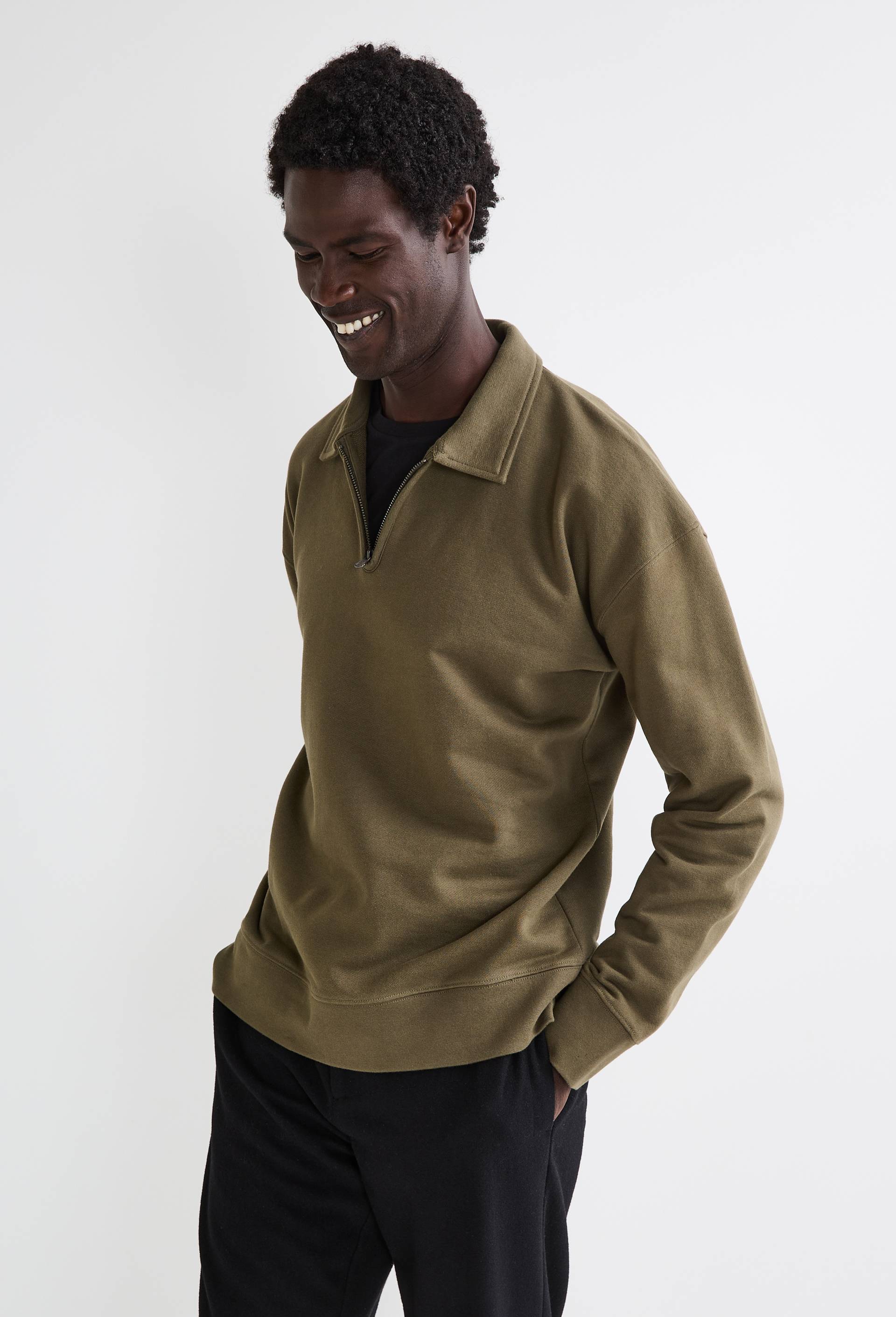 Sweat col polo zippé en coton BIO GOTS, Vert foncé, swatch image