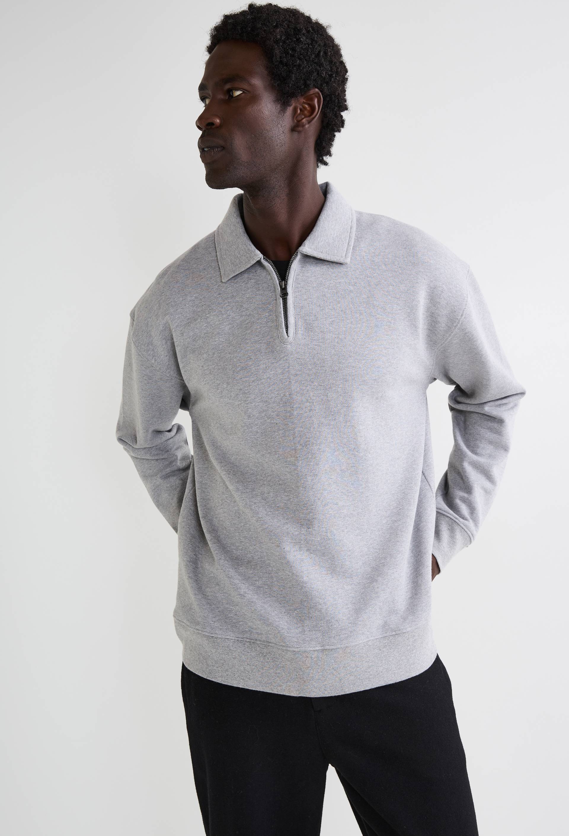Sweat col polo zippé en coton BIO GOTS, Gris, swatch image