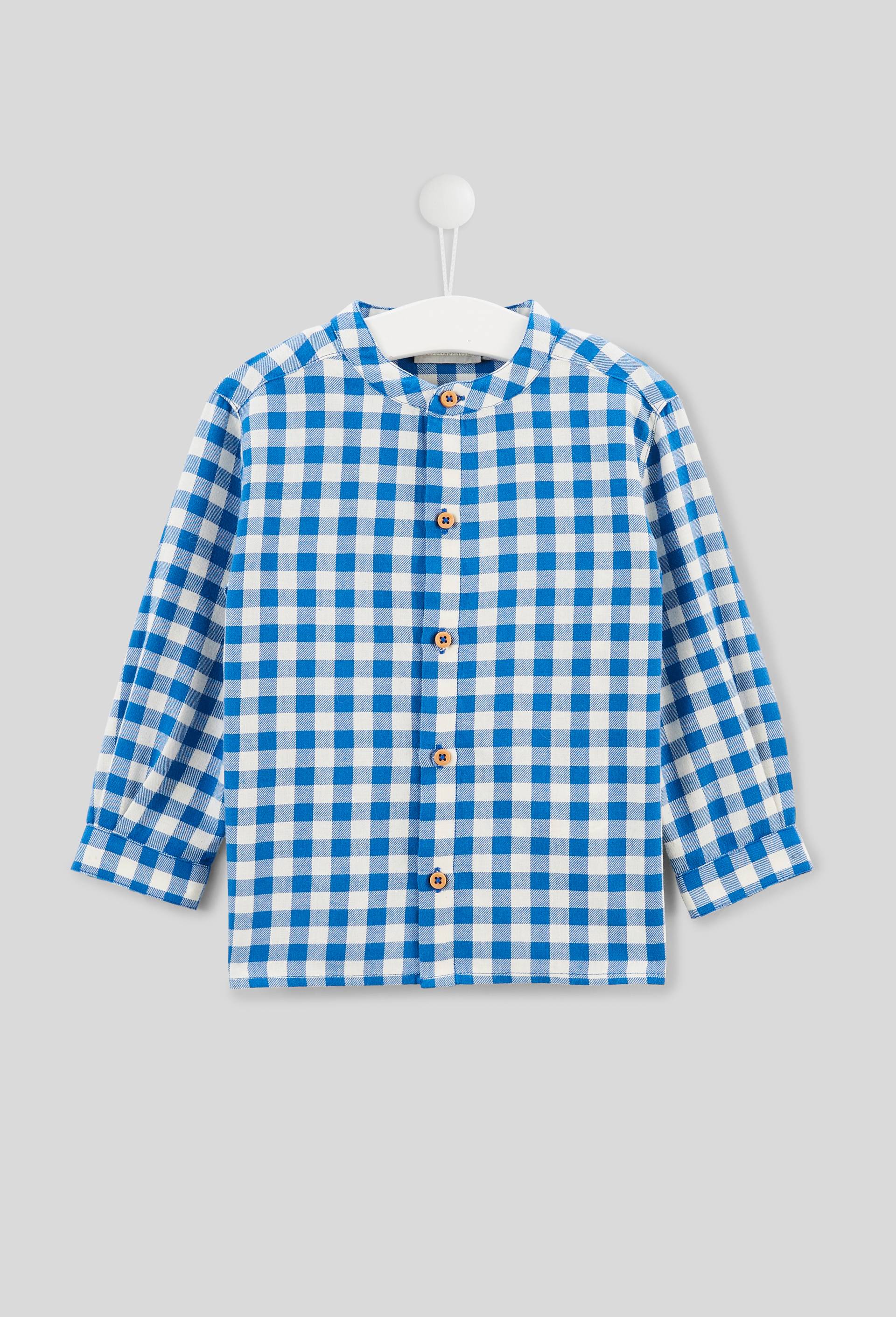 Chemise col mao &agrave; carreaux en coton BIO GOTS, Bleu, large image number 0