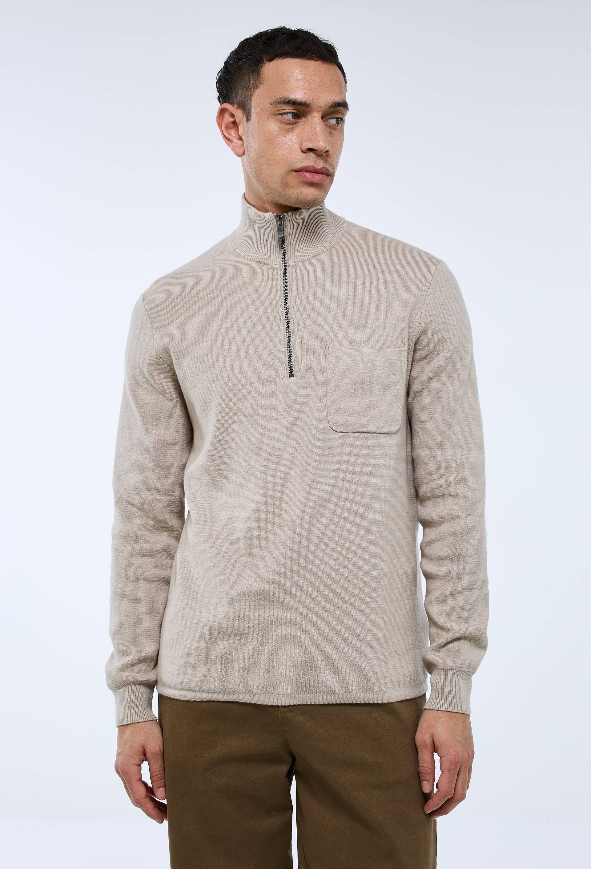 Pull col camionneur en m&eacute;lange coton et cachemire, Beige clair, large image number 0
