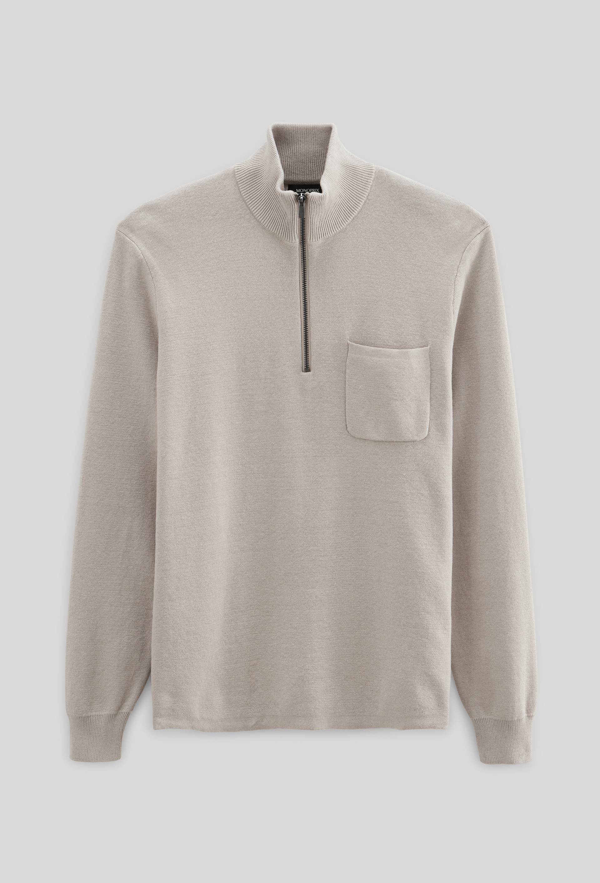 Pull col camionneur en m&eacute;lange coton et cachemire, Beige clair, large image number 3