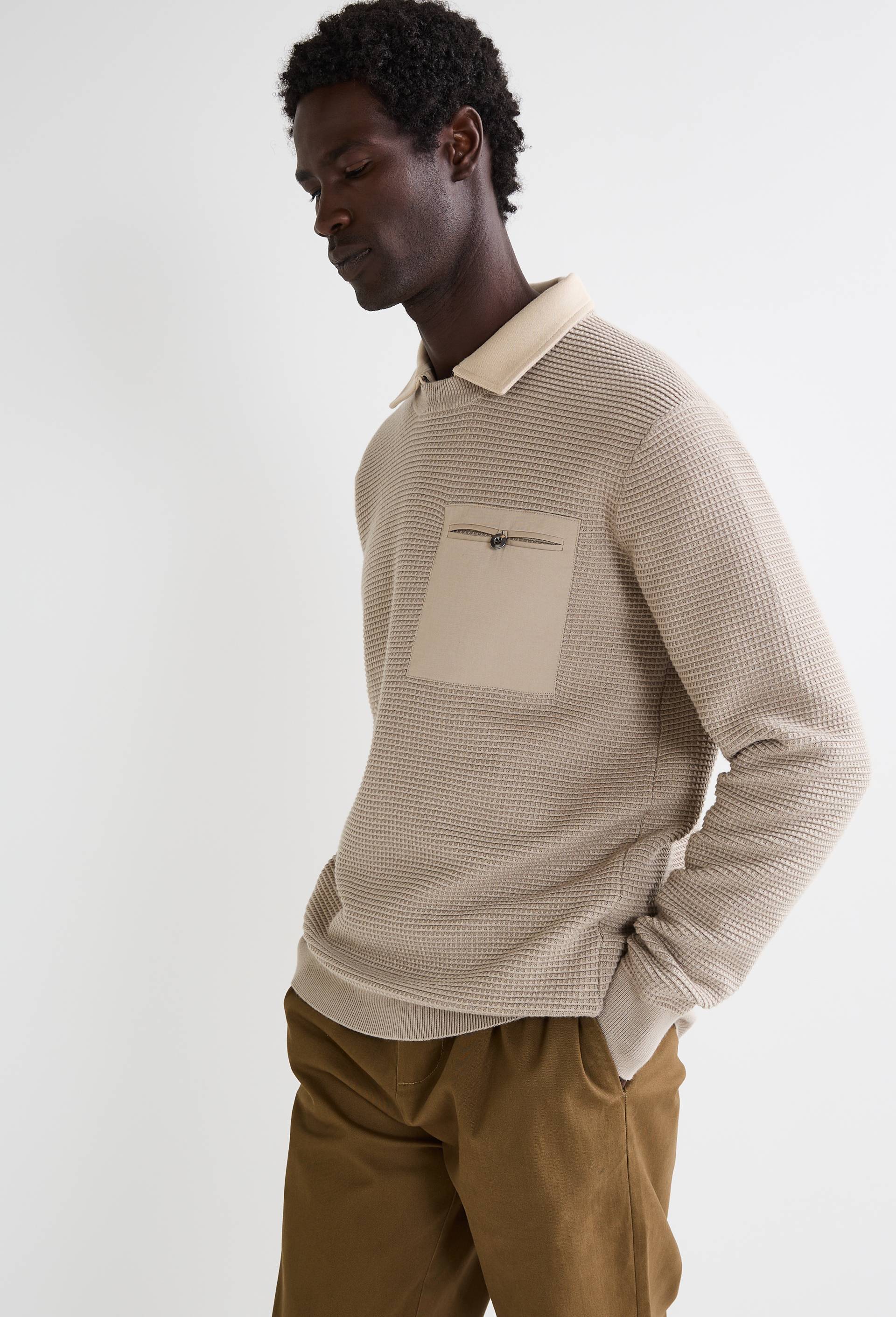 Pull col rond en maille fantaisie, Beige clair, swatch image