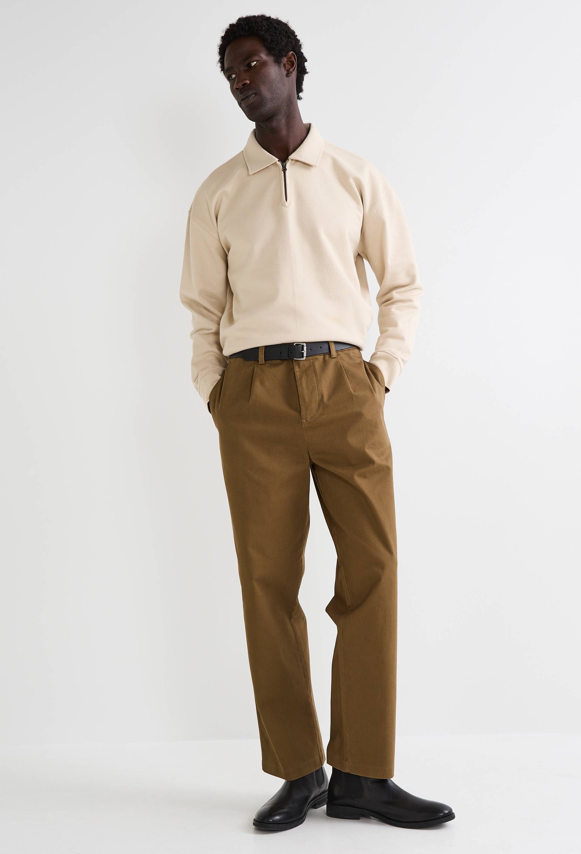 Pantalon &agrave; pince en coton, Beige fonc&eacute;, large image number 0
