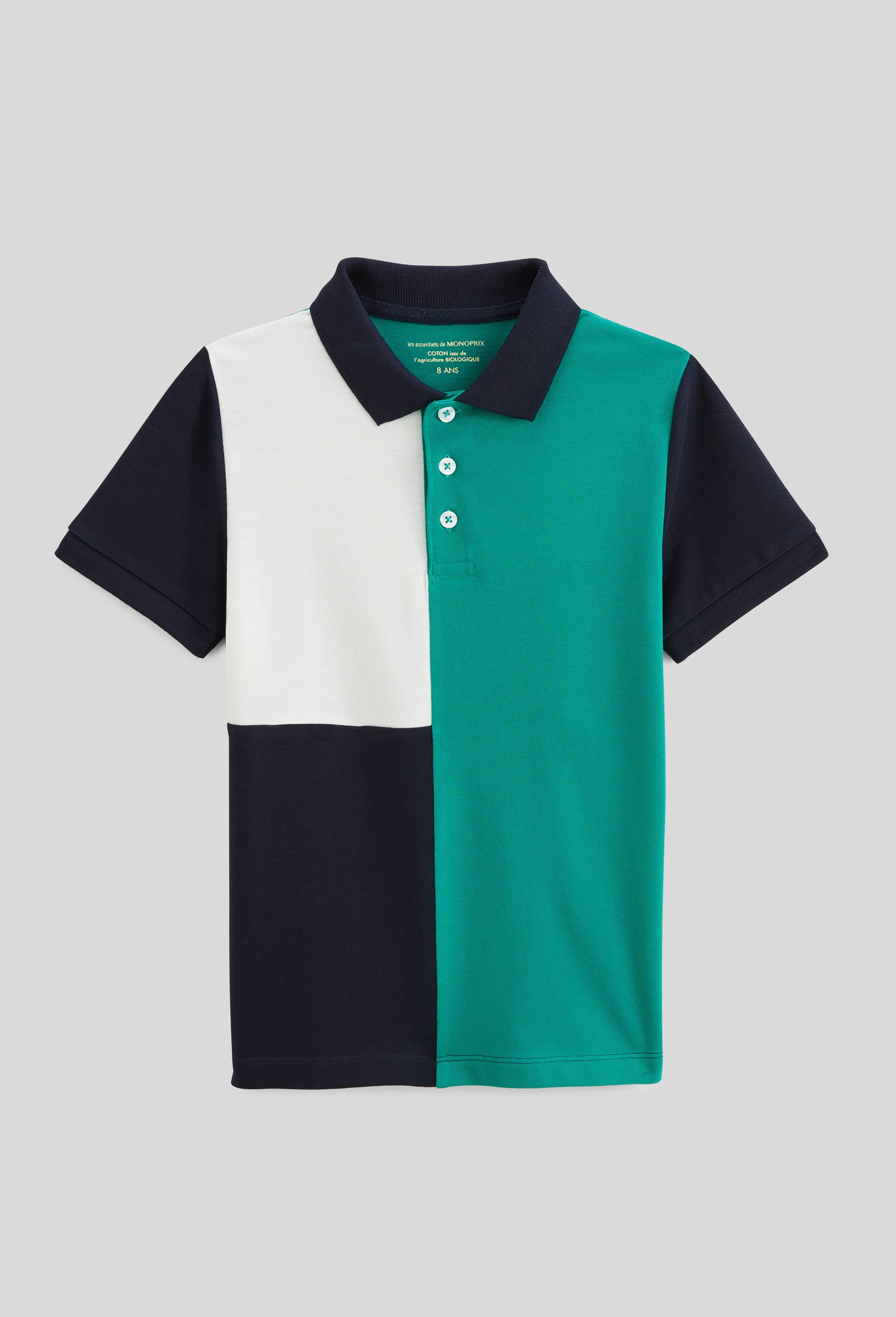 Polo manches courtes tricolore en coton BIO GOTS, Vert foncé, swatch image