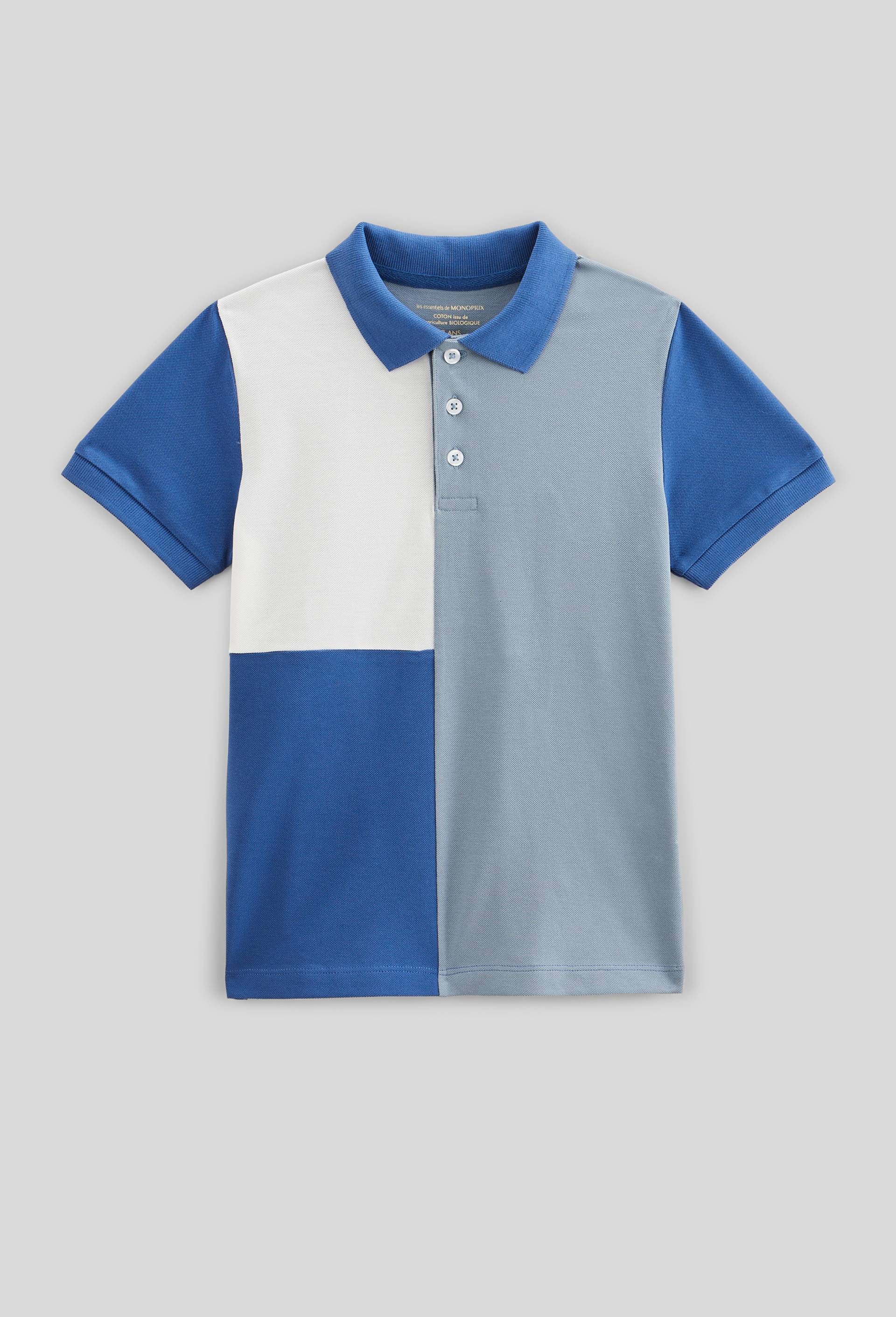 Polo manches courtes tricolore en coton BIO GOTS, Bleu, large image number 0
