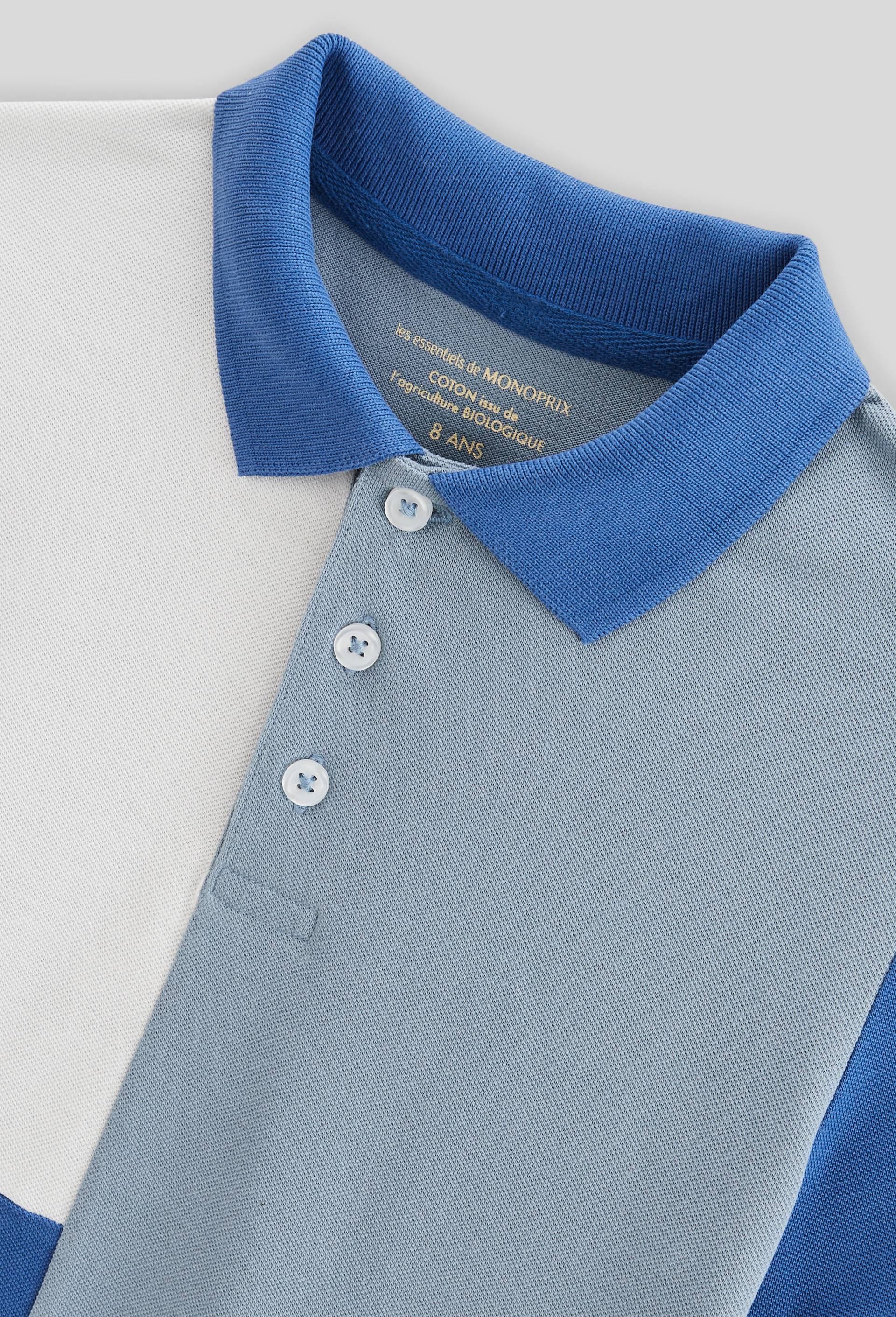 Polo manches courtes tricolore en coton BIO GOTS, Bleu, large image number 2