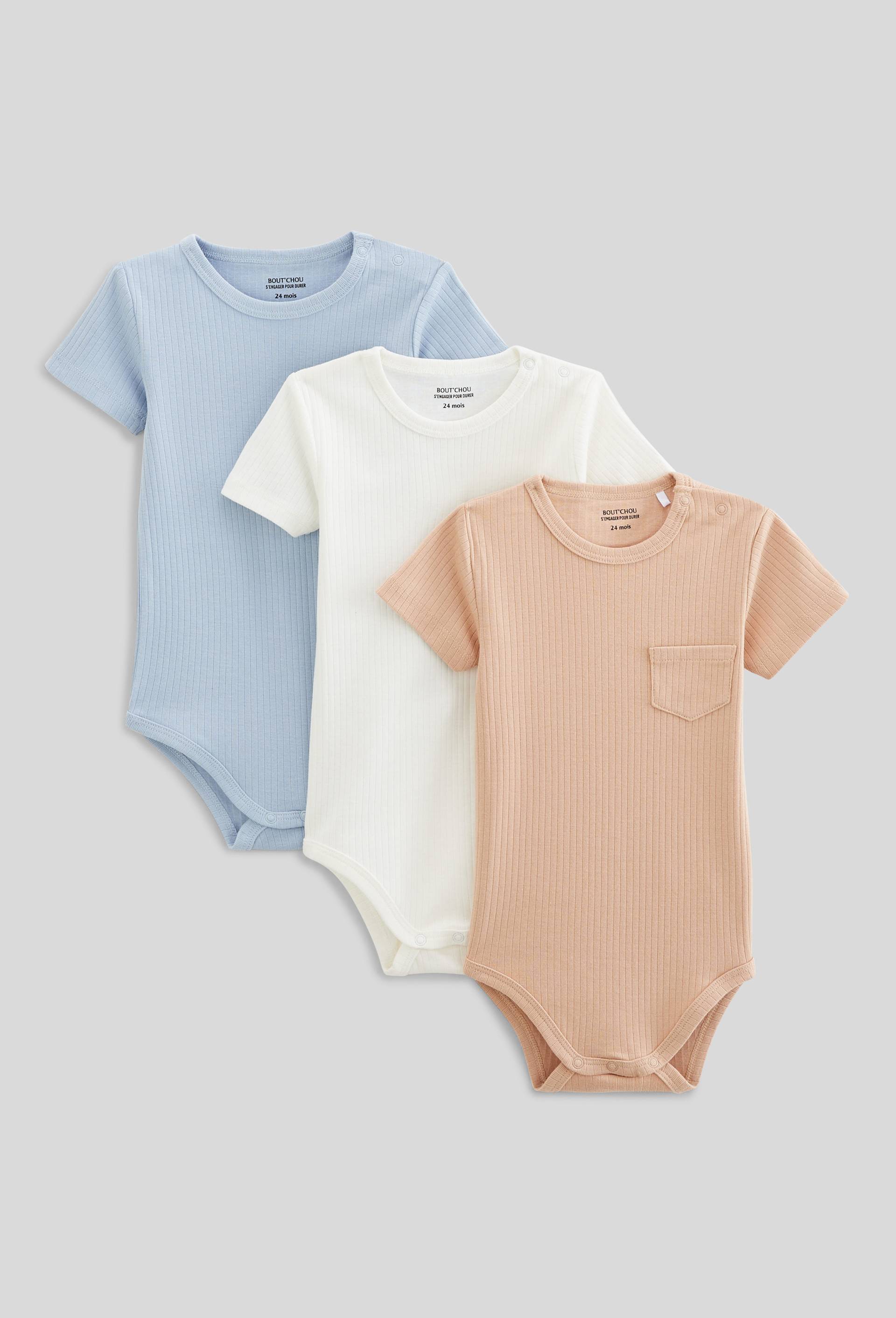 Lot de 3 bodies côtelés manches courtes en coton BIO GOTS, Beige, swatch image
