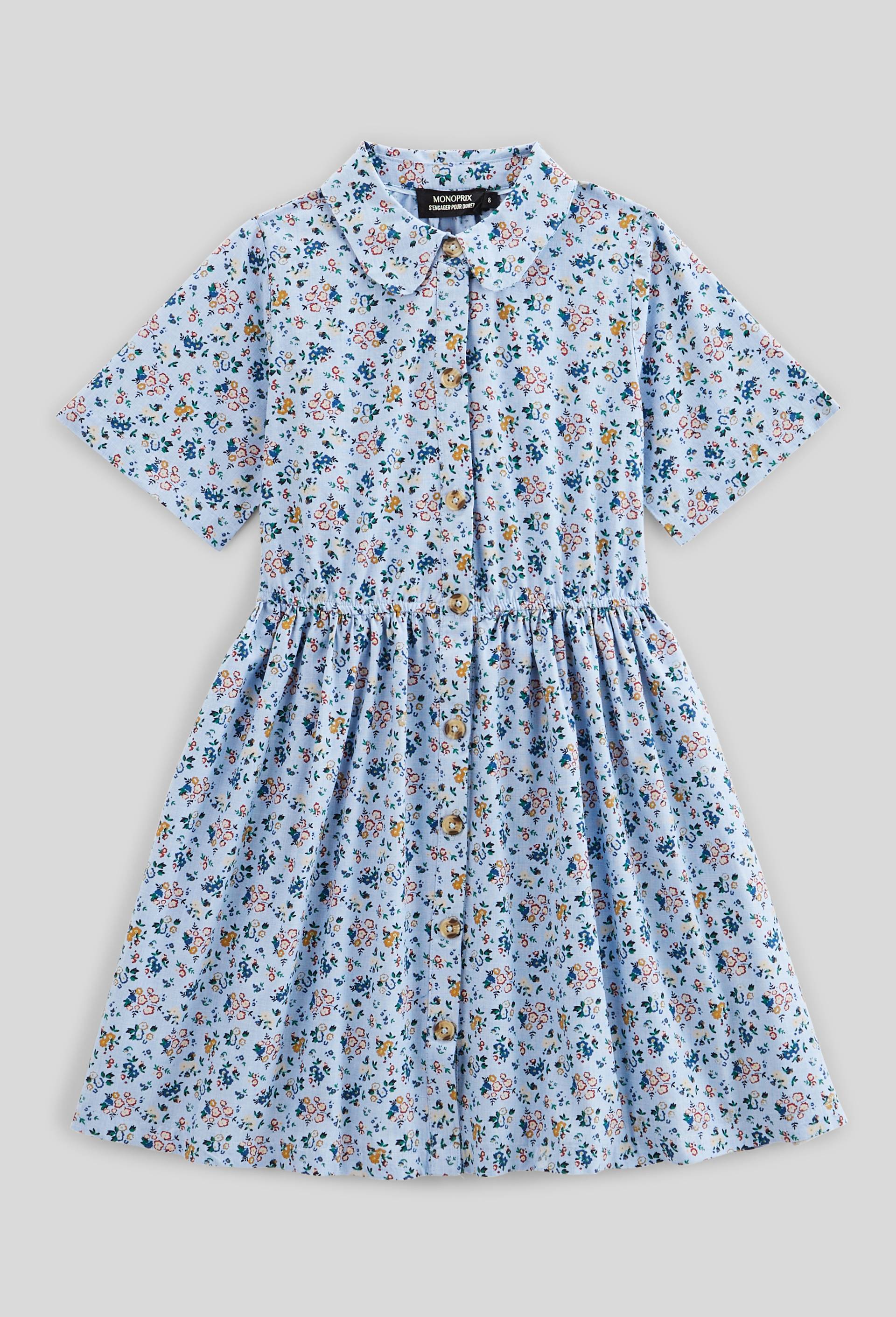 Robe col chemise imprimée en coton BLEU CLAIR pour enfant MONOPRIX