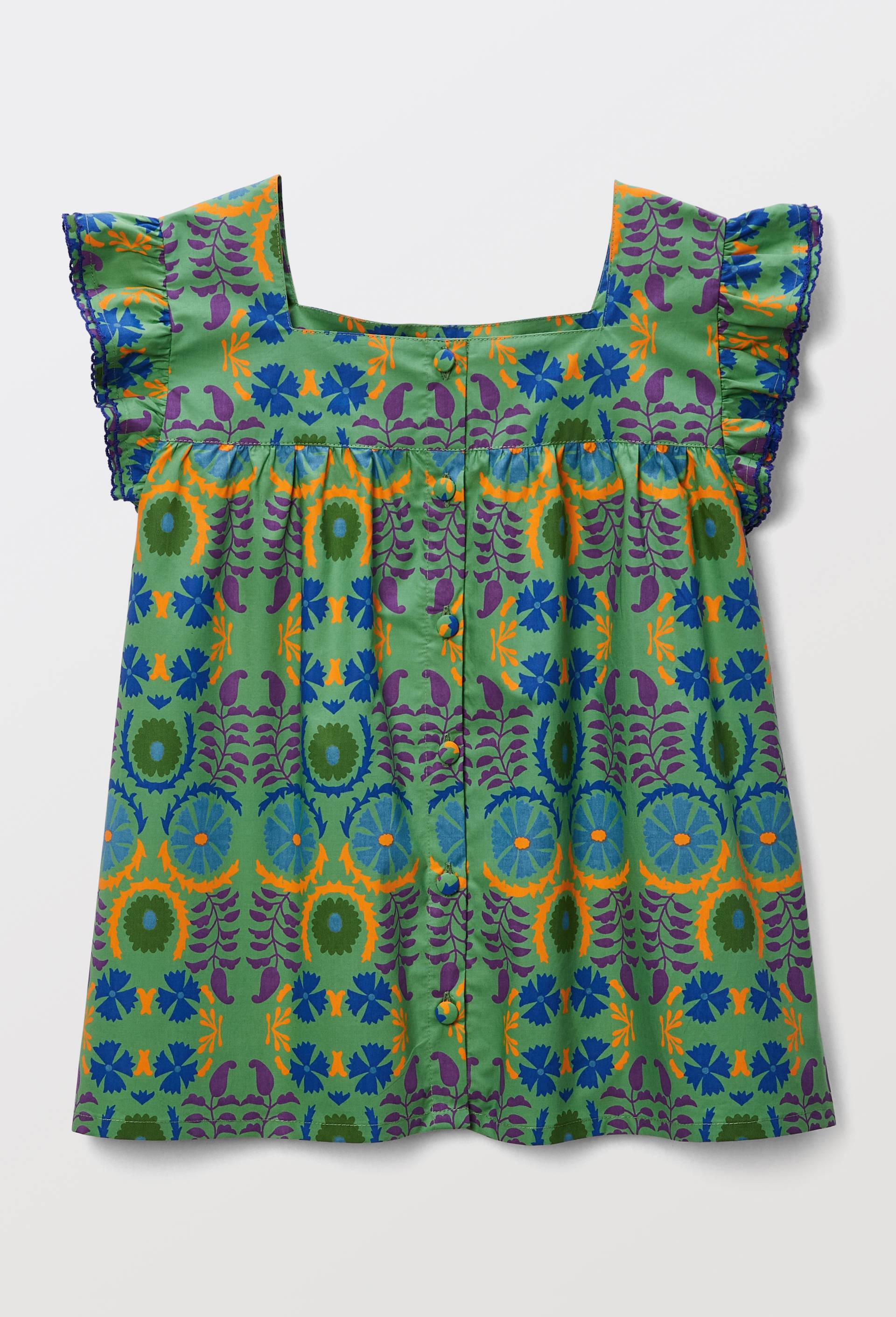 Blouse avec manches à volant imprimée en coton BIO GOTS - CAROLINE DE BENOIST X MONOPRIX, Vert foncé, large image number 2