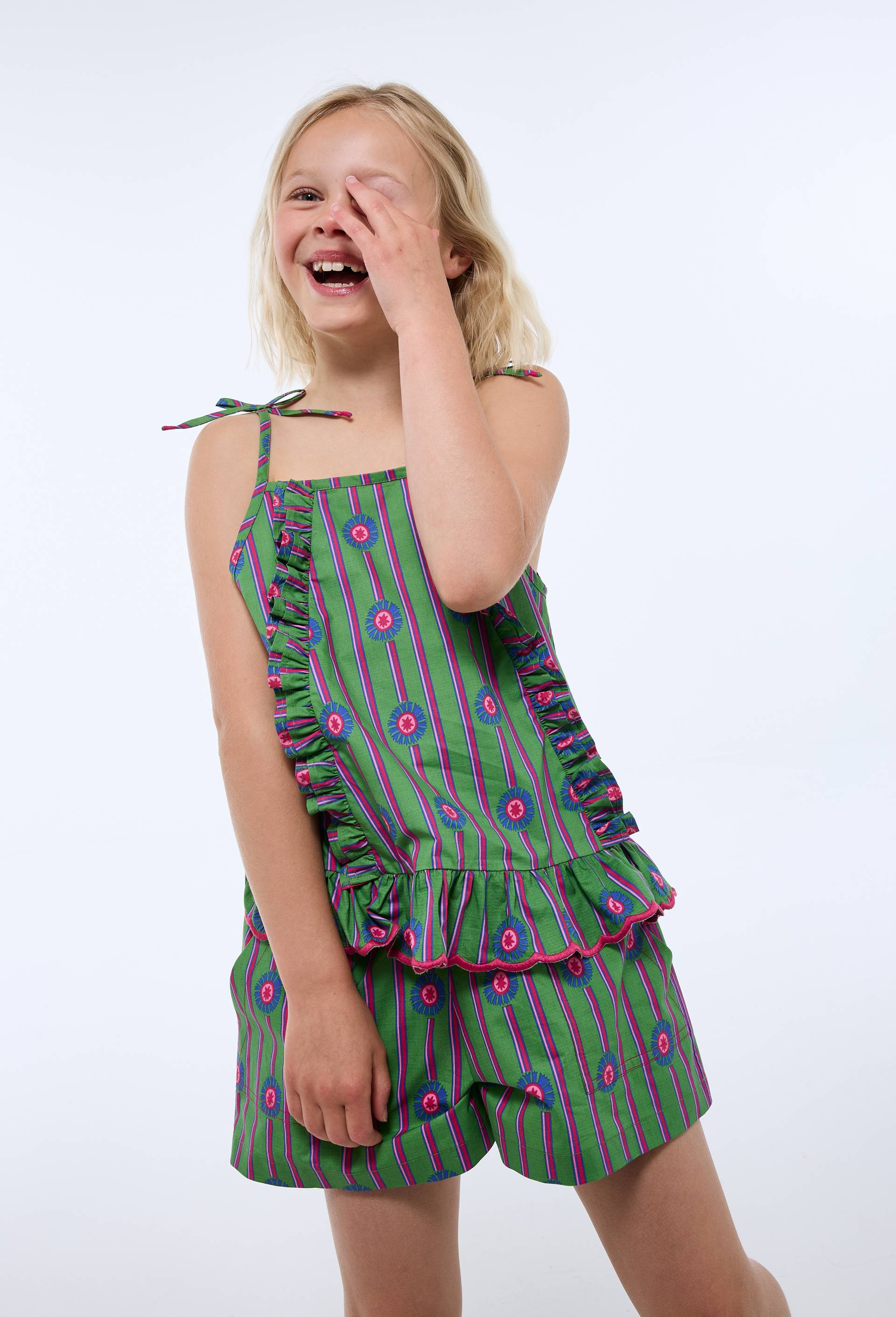 Top à bretelles imprimé avec empiècement dentelle en coton BIO GOTS - CAROLINE DE BENOIST X MONOPRIX, Vert foncé, large image number 0