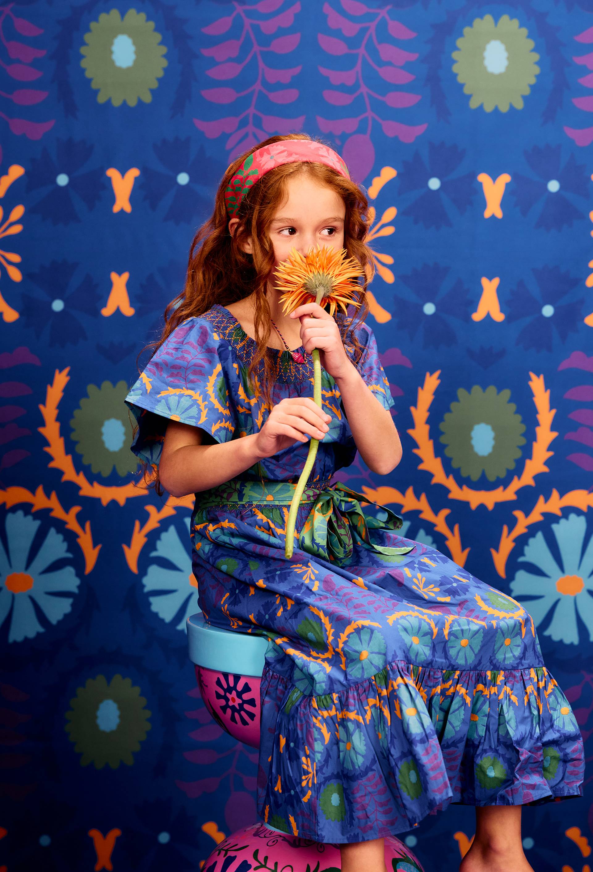 Robe manches courtes imprimée et à smock en coton BIO GOTS - CAROLINE DE BENOIST X MONOPRIX, Bleu foncé, large image number 0