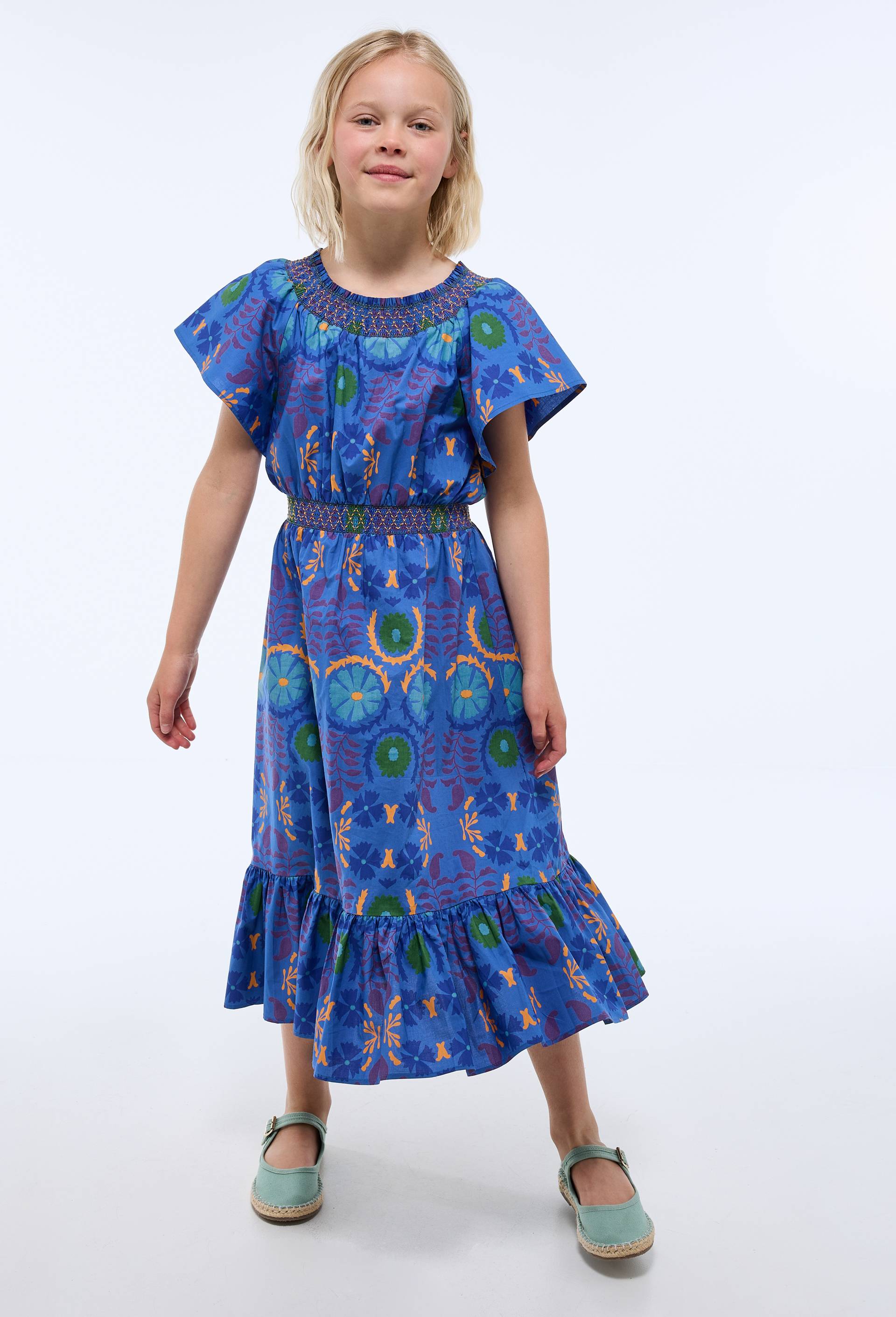 Robe manches courtes imprimée et à smock en coton BIO GOTS - CAROLINE DE BENOIST X MONOPRIX, Bleu foncé, large image number 2