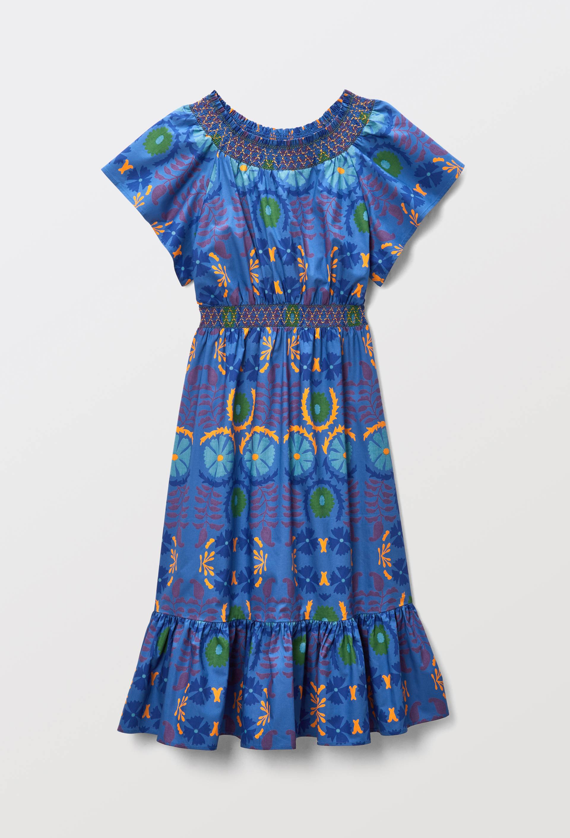Robe manches courtes imprimée et à smock en coton BIO GOTS - CAROLINE DE BENOIST X MONOPRIX, Bleu foncé, large image number 4