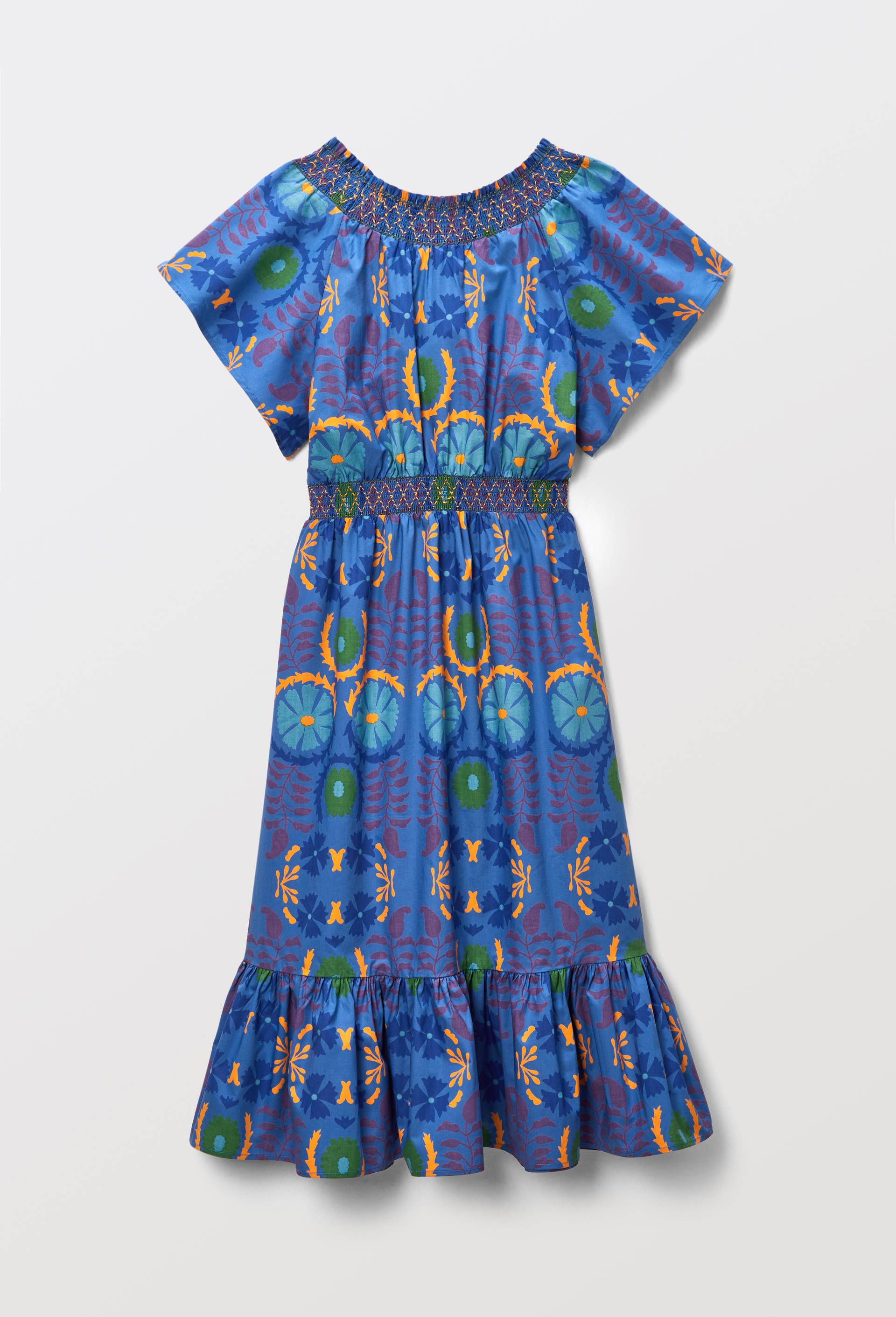 Robe manches courtes imprimée et à smock en coton BIO GOTS - CAROLINE DE BENOIST X MONOPRIX, Bleu foncé, large image number 5