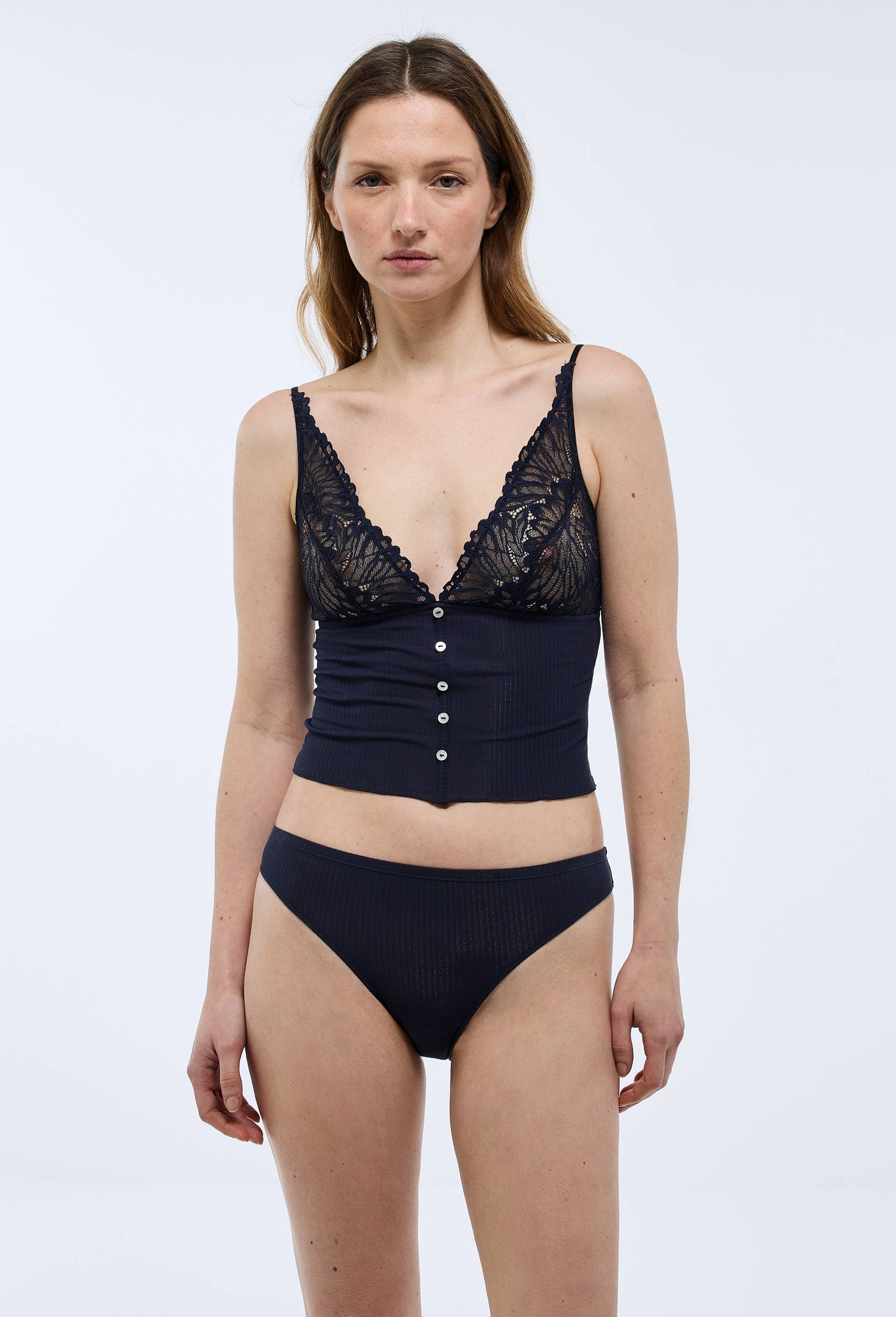Culotte SYLVANA en modal et dentelle, Bleu fonc&eacute;, large image number 0