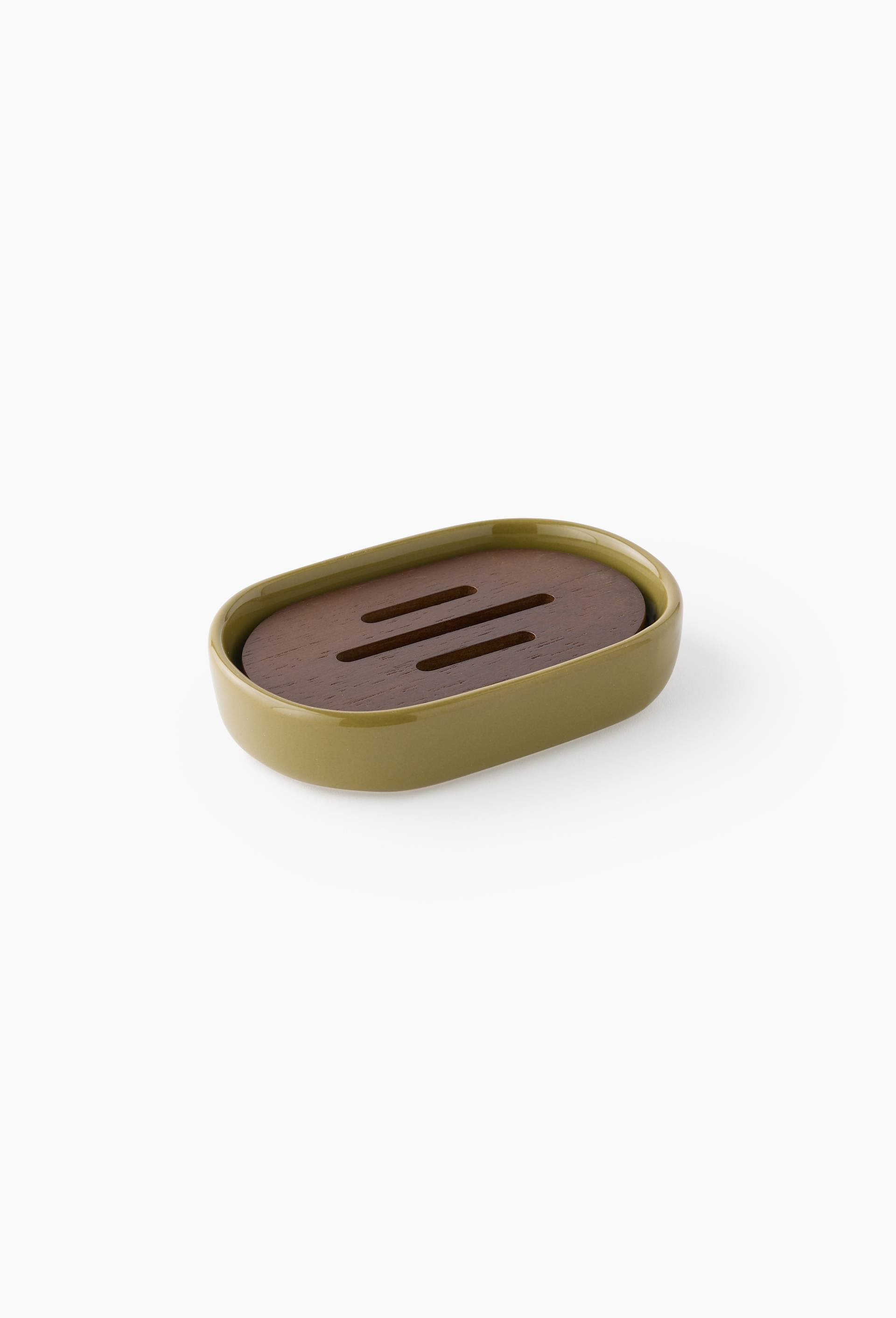 Porte savon en c&eacute;ramique et bois, 2,6x12,7x8,7cm, Vert fonc&eacute;, large image number 0