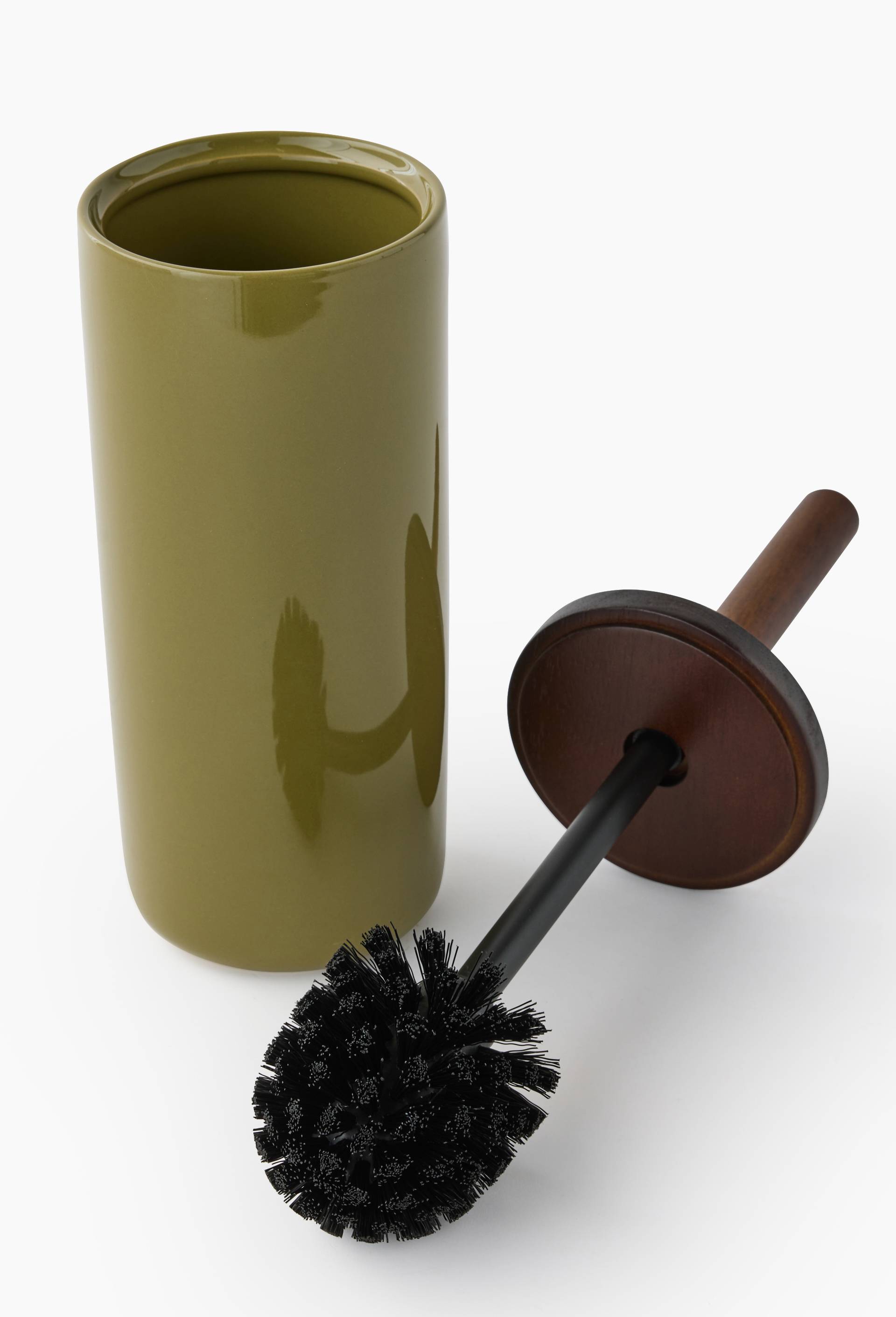 Porte-balai de toilette, 39x10.7cm, en c&eacute;ramique et bois, Vert fonc&eacute;, large image number 1