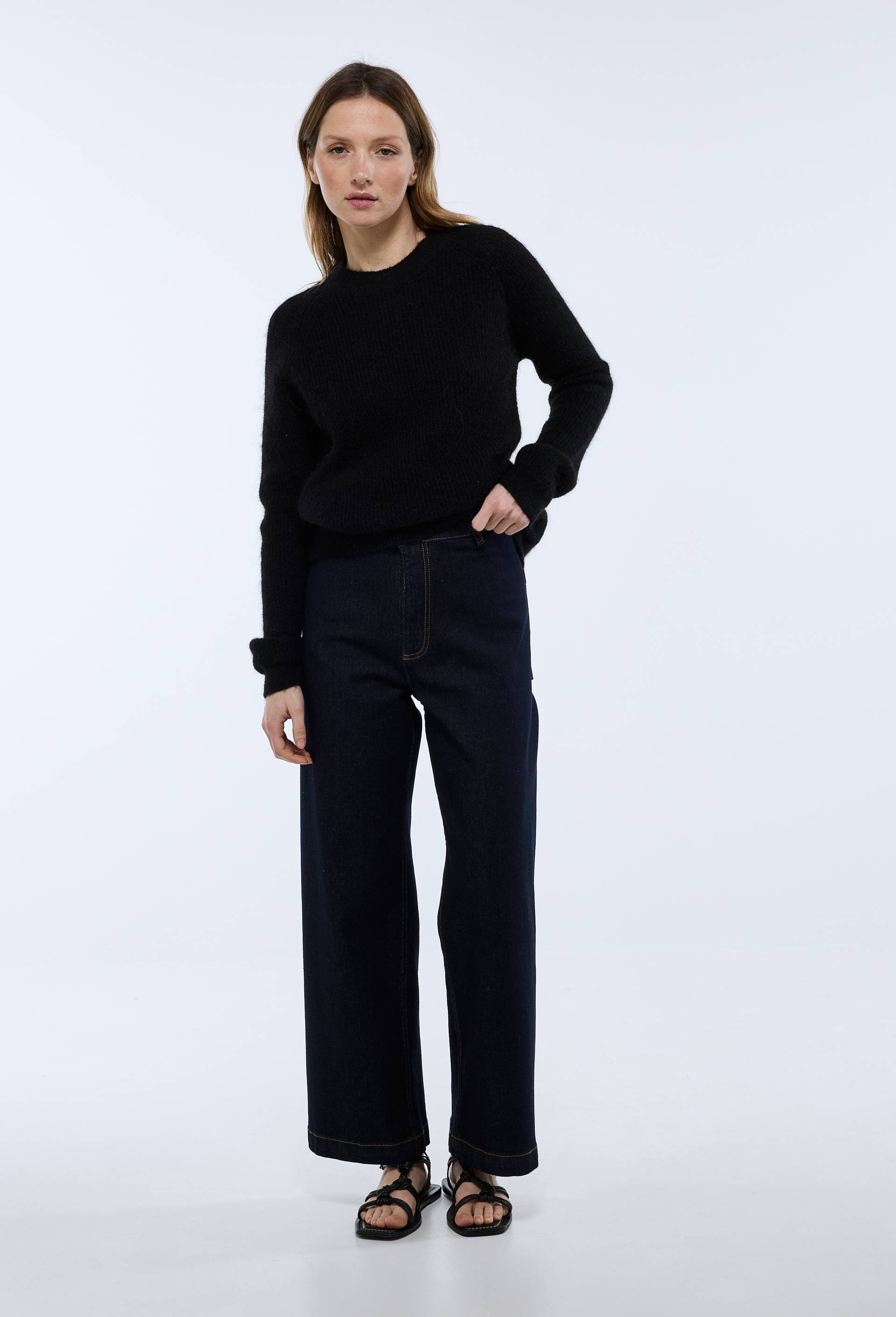 Jean large taille haute crop, Bleu fonc&eacute;, large image number 0