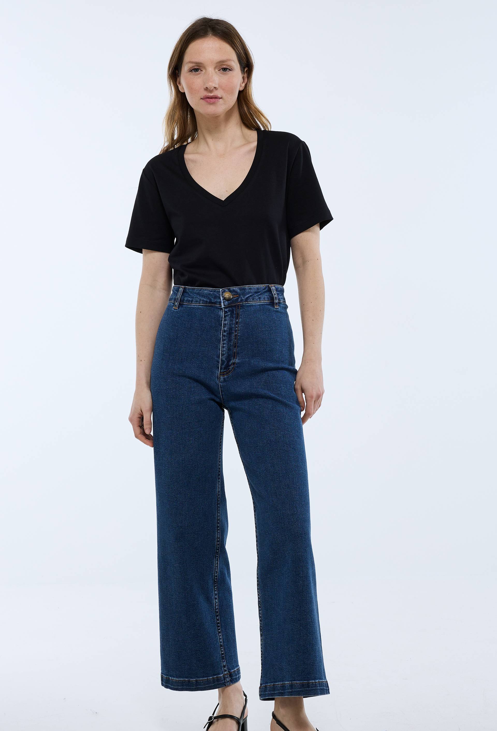 Jean large taille haute crop, Bleu fonc&eacute;, large image number 0