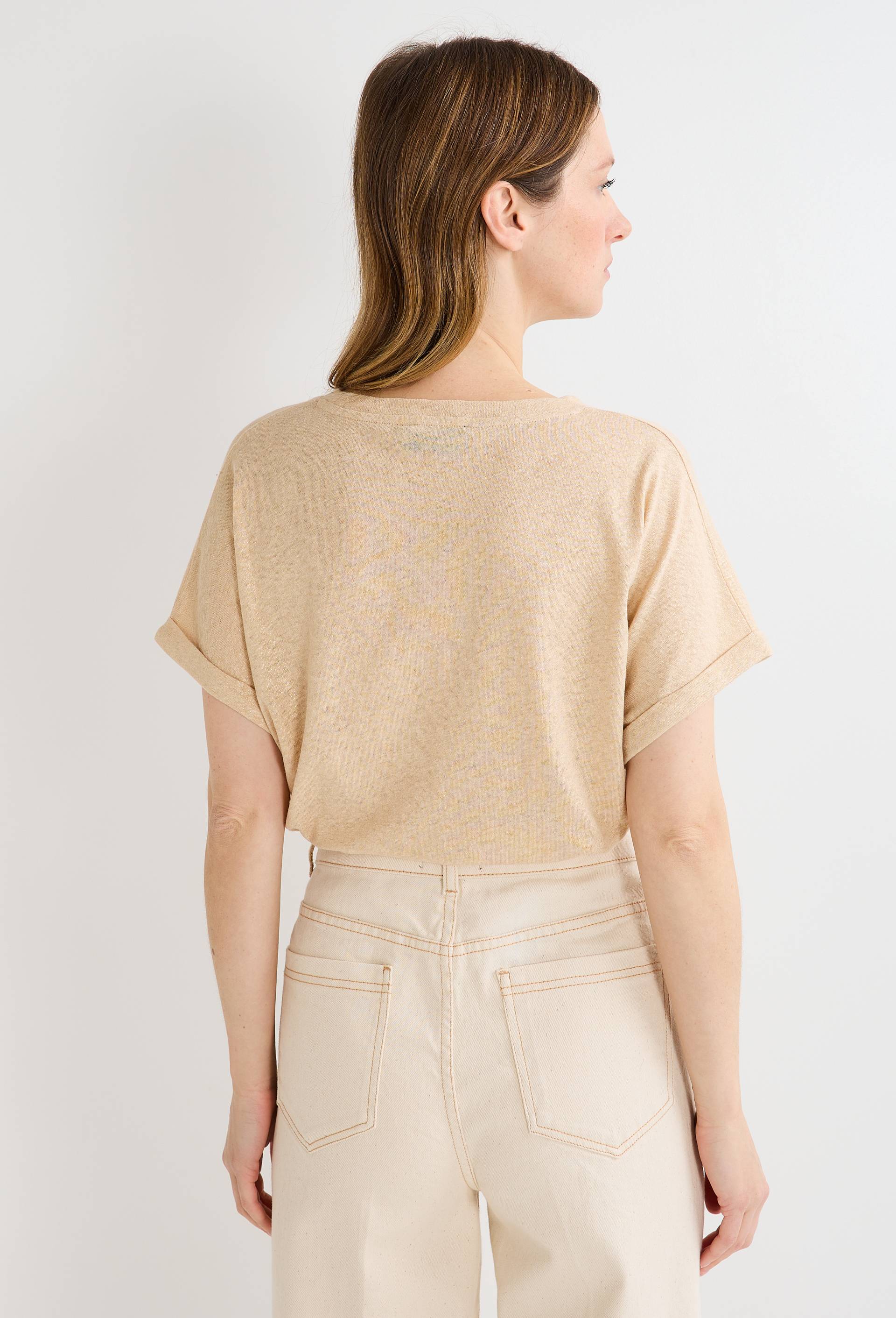 T-shirt manches &agrave; revers m&eacute;tallis&eacute; contenant du lin, Beige, large image number 1.0