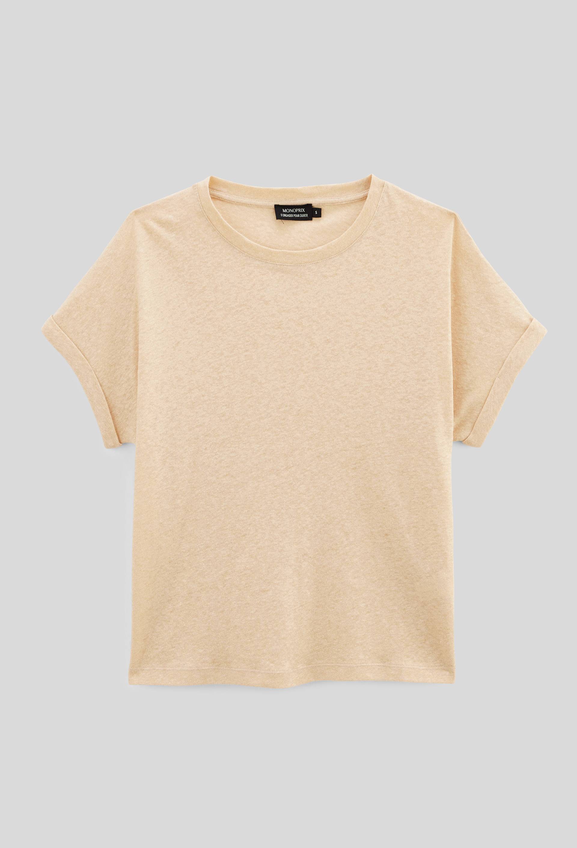 T-shirt manches &agrave; revers m&eacute;tallis&eacute; contenant du lin, Beige, large image number 2.0