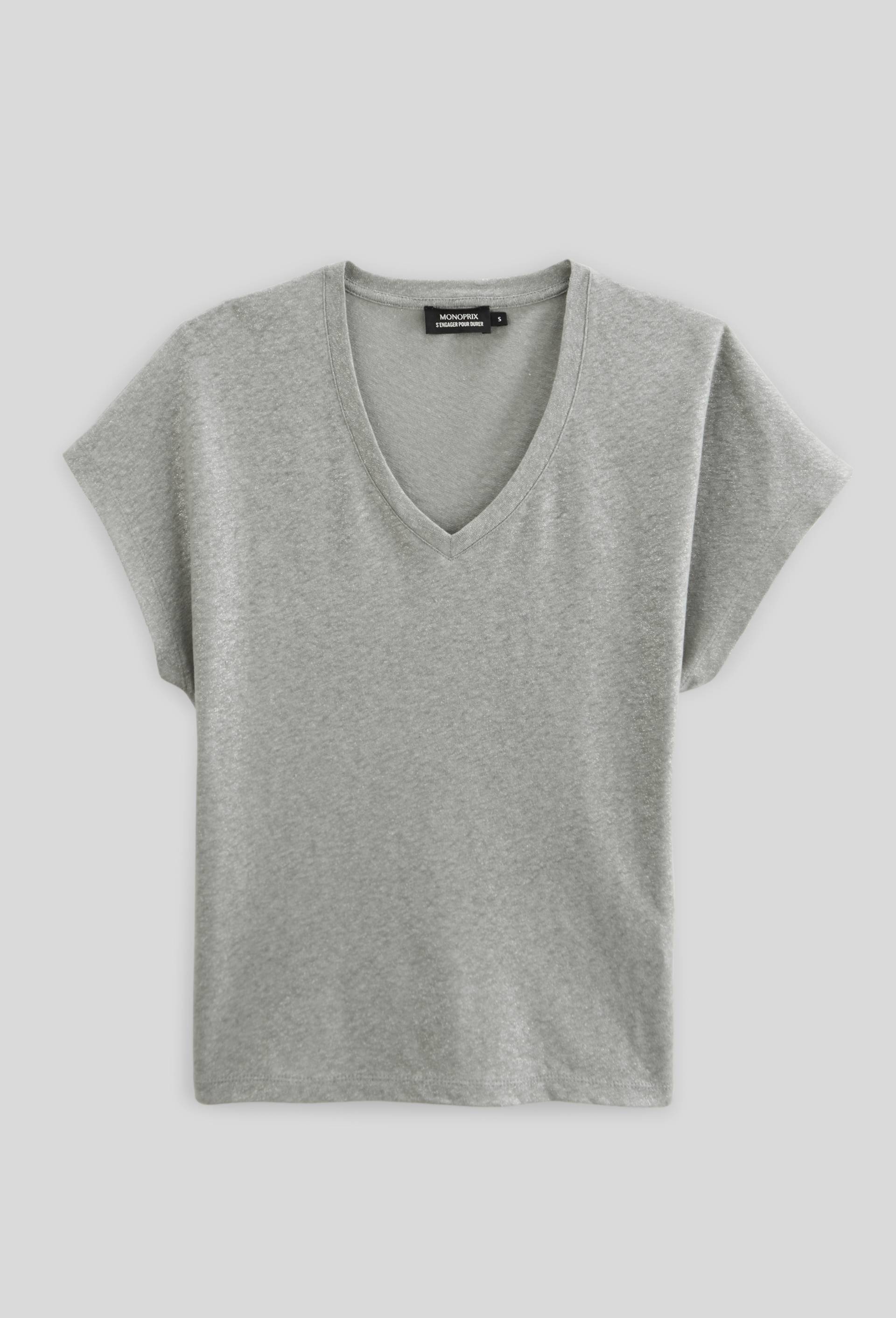T-shirt manches courtes m&eacute;tallis&eacute; contenant du lin, Gris, large image number 2.0