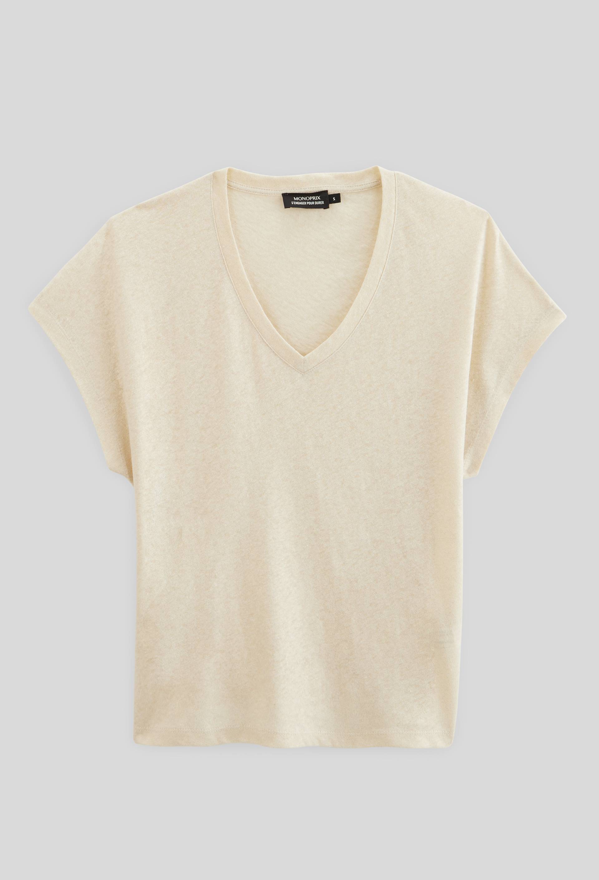 T-shirt manches courtes m&eacute;tallis&eacute; contenant du lin, Beige clair, large image number 2.0