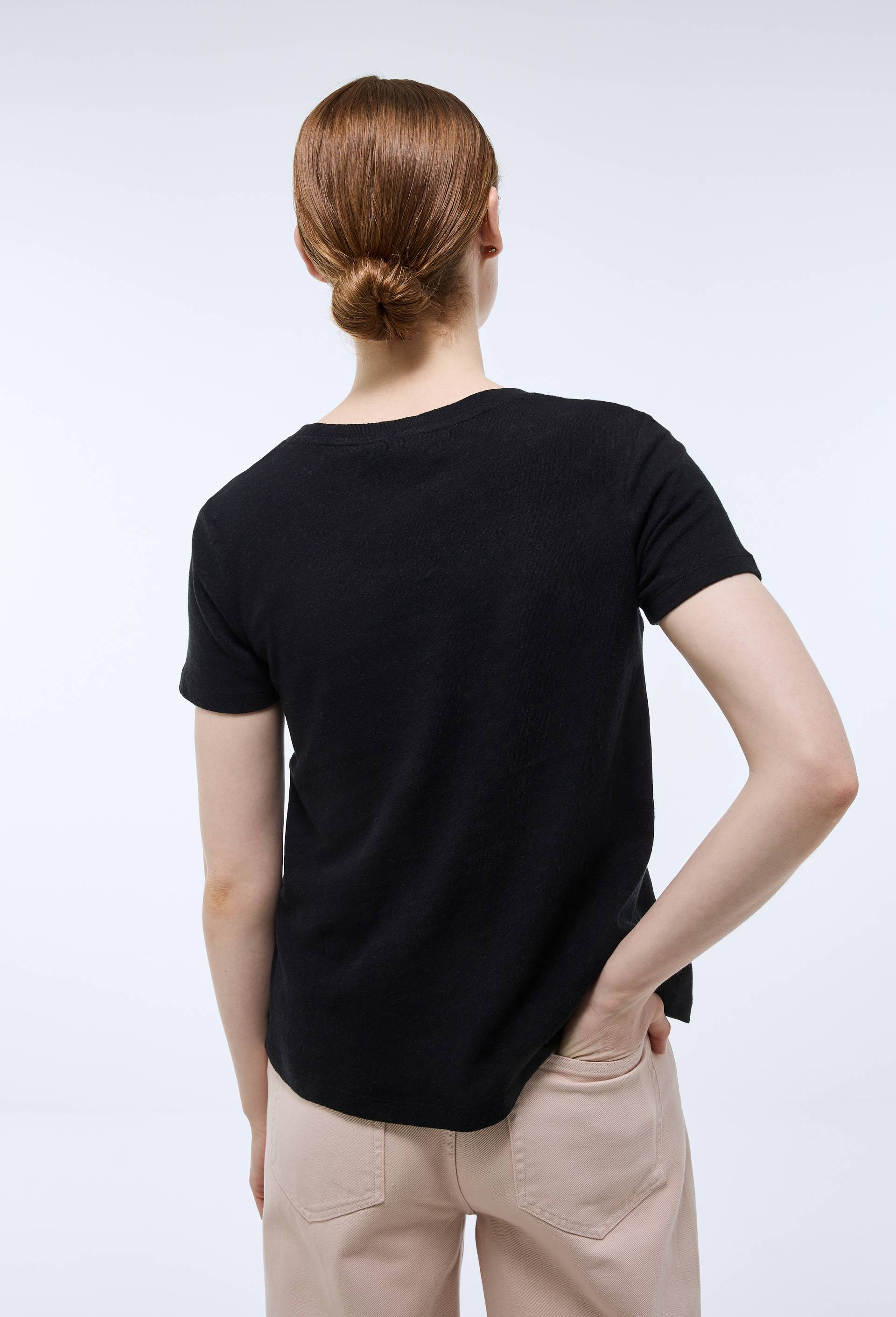 T-shirt manches courtes uni contenant du lin, Noir, large image number 1.0