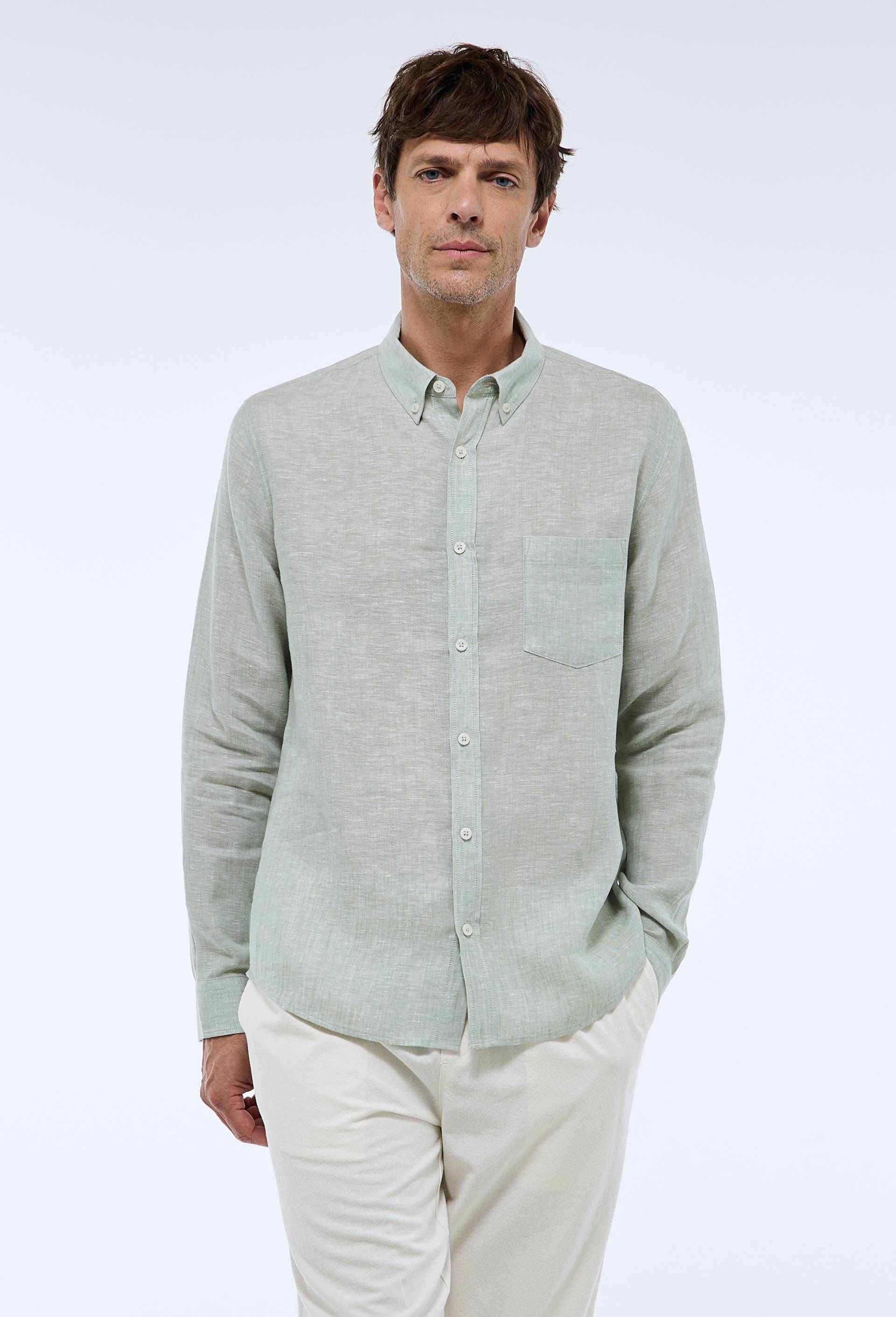 Chemise manches longues chambray en lin, Vert clair, large image number 0