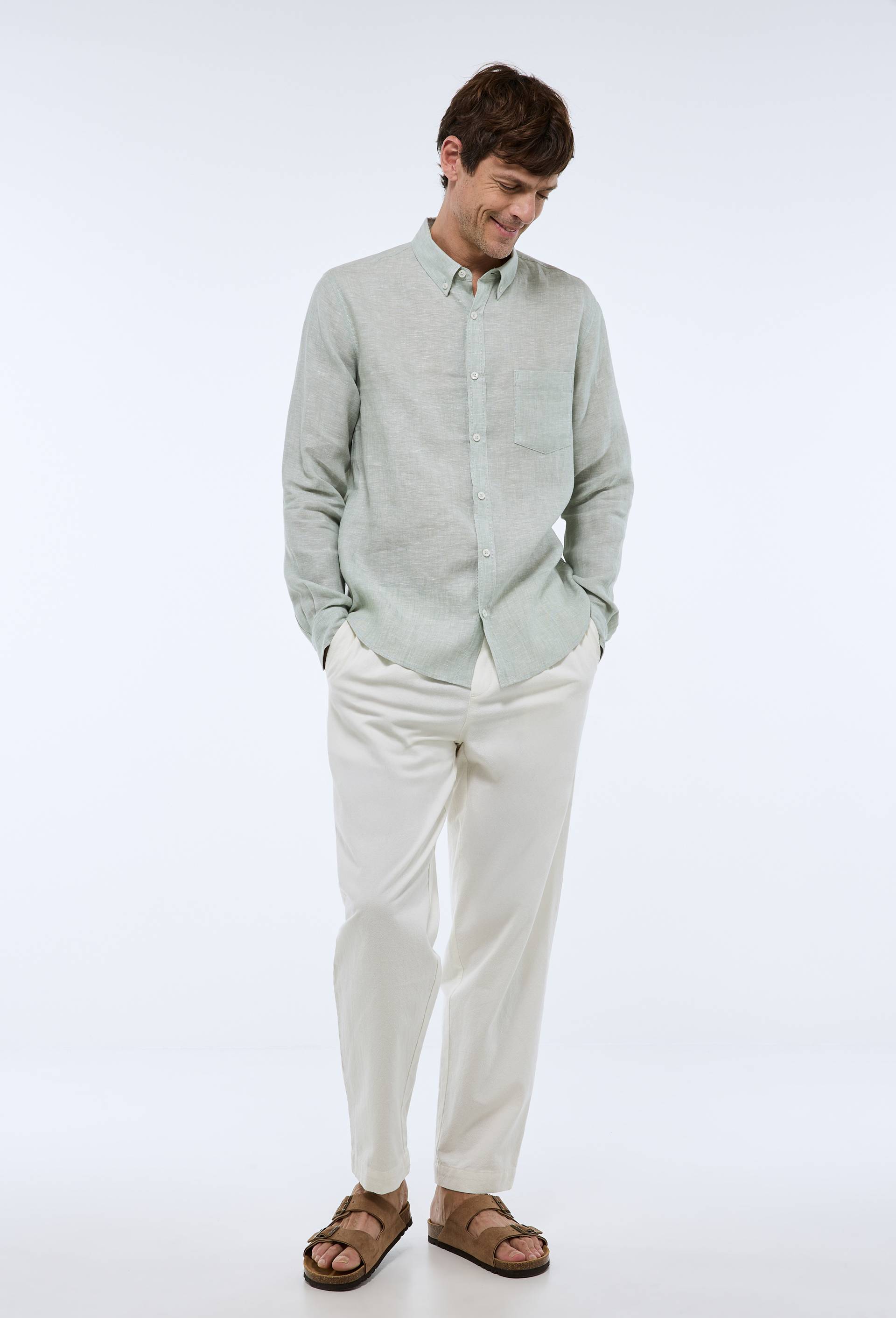 Chemise manches longues chambray en lin, Vert clair, large image number 3