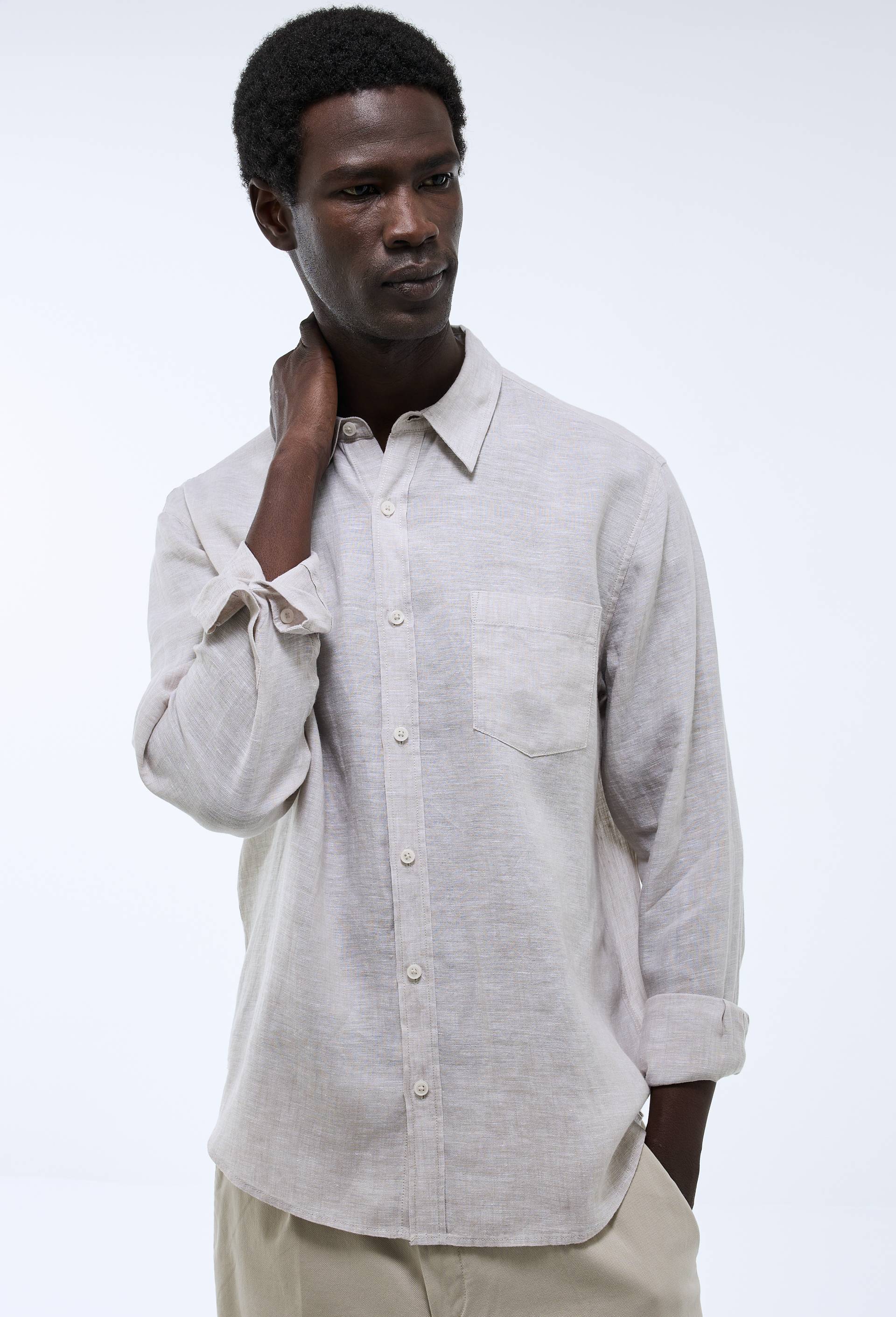 Chemise manches longues chambray en lin, Beige clair, large image number 0