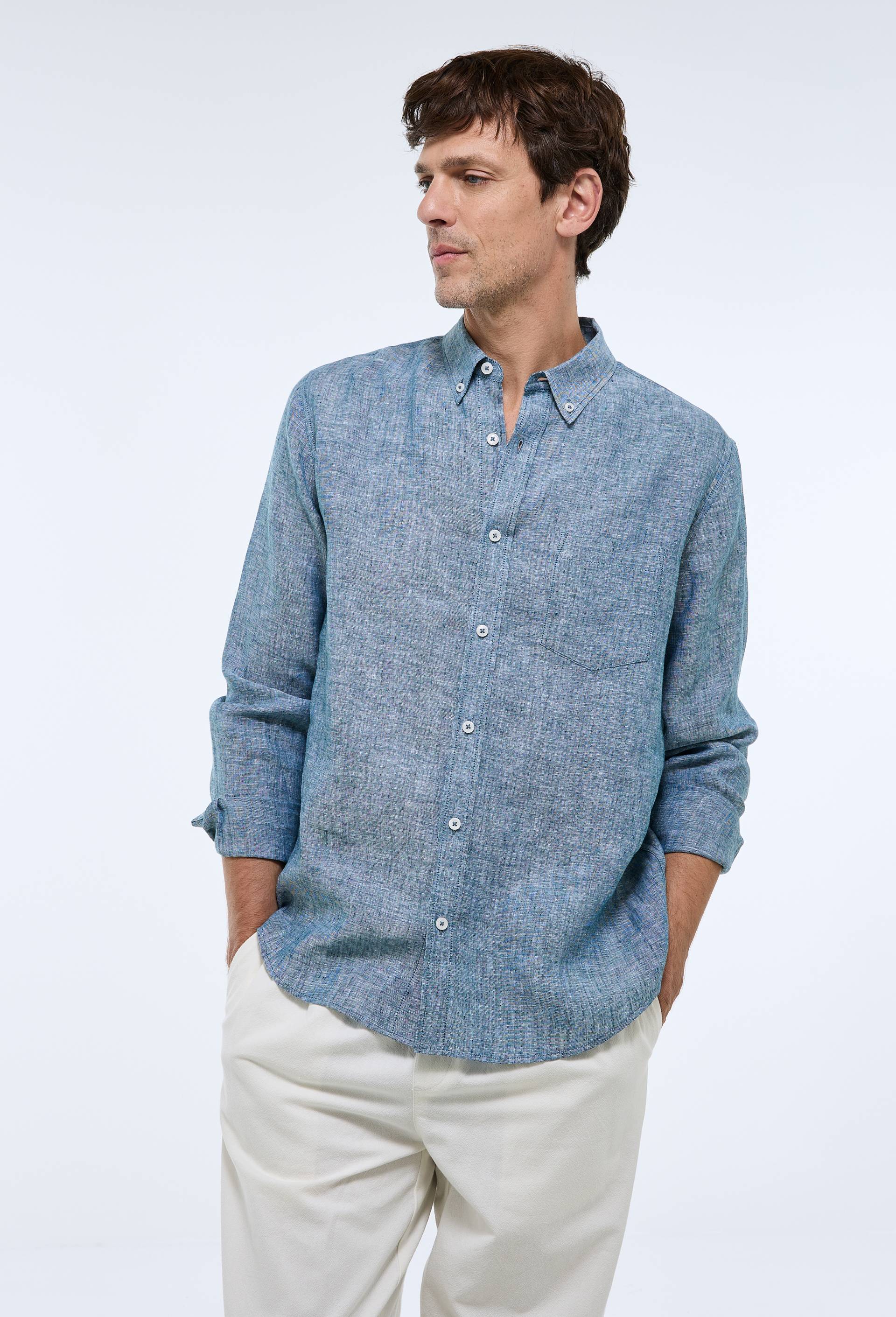 Chemise manches longues chambray en lin, Bleu fonc&eacute;, large image number 0
