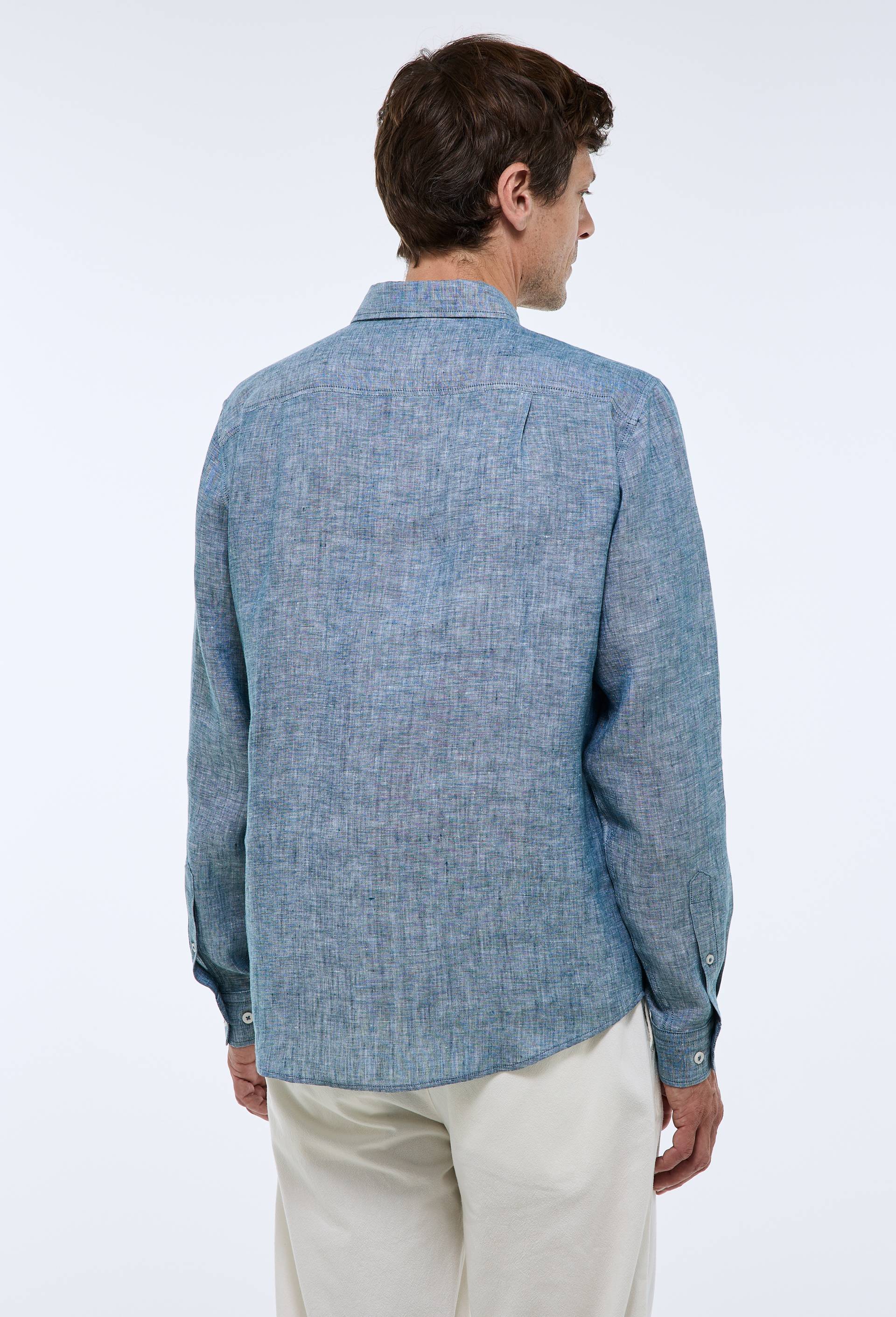 Chemise manches longues chambray en lin, Bleu fonc&eacute;, large image number 1