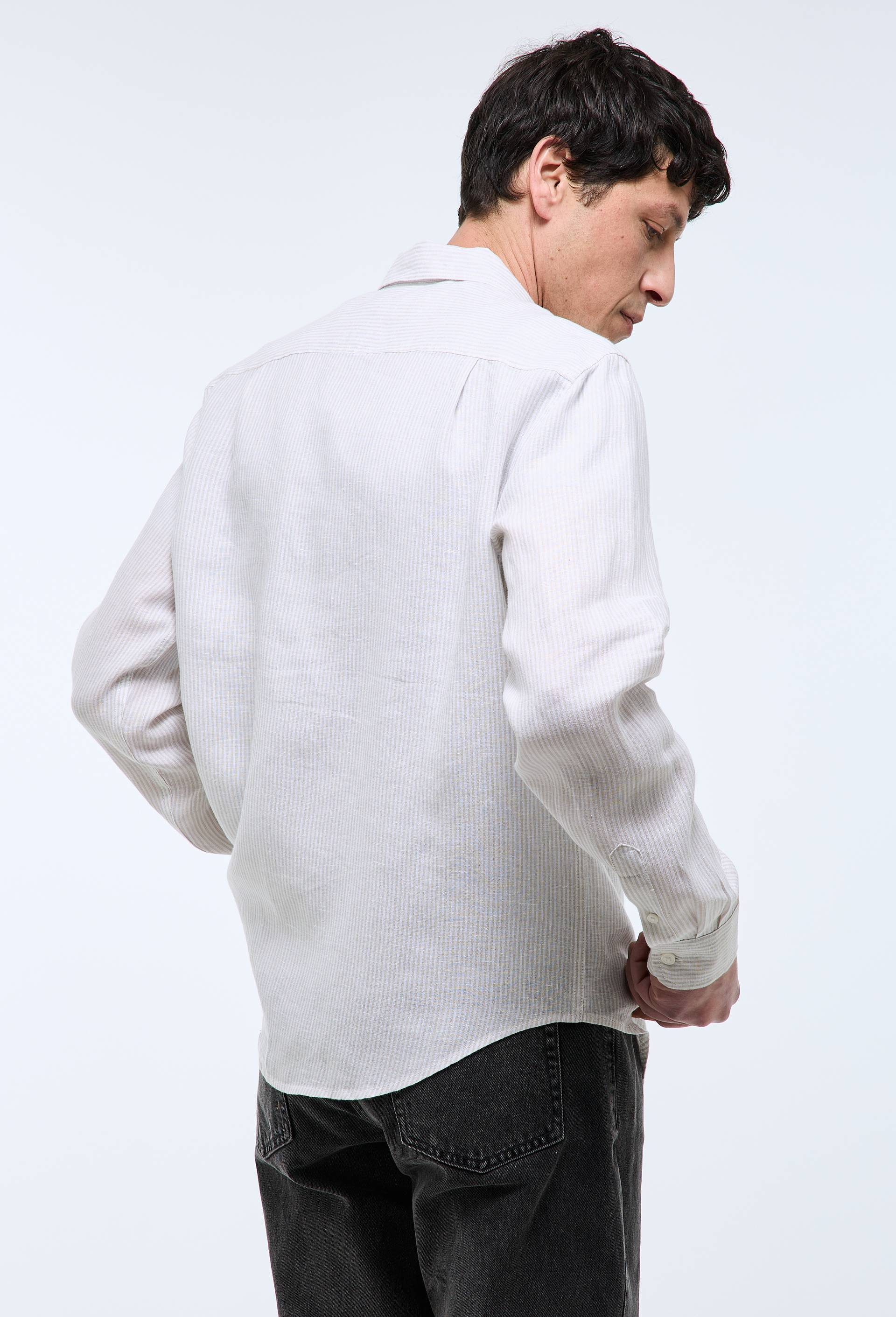 Chemise manches longues ray&eacute;e en lin, Beige clair, large image number 1