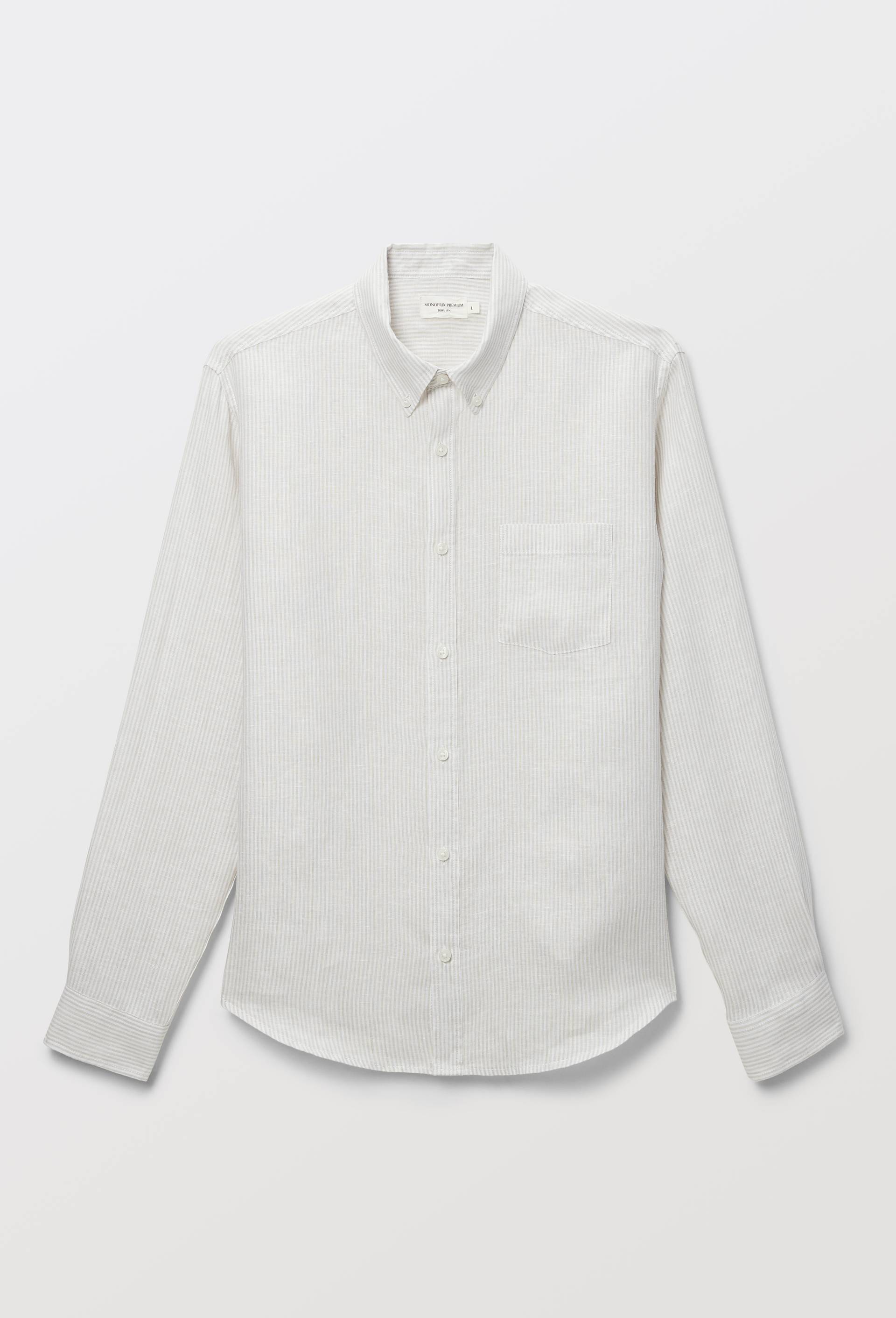 Chemise manches longues ray&eacute;e en lin, Beige clair, large image number 2