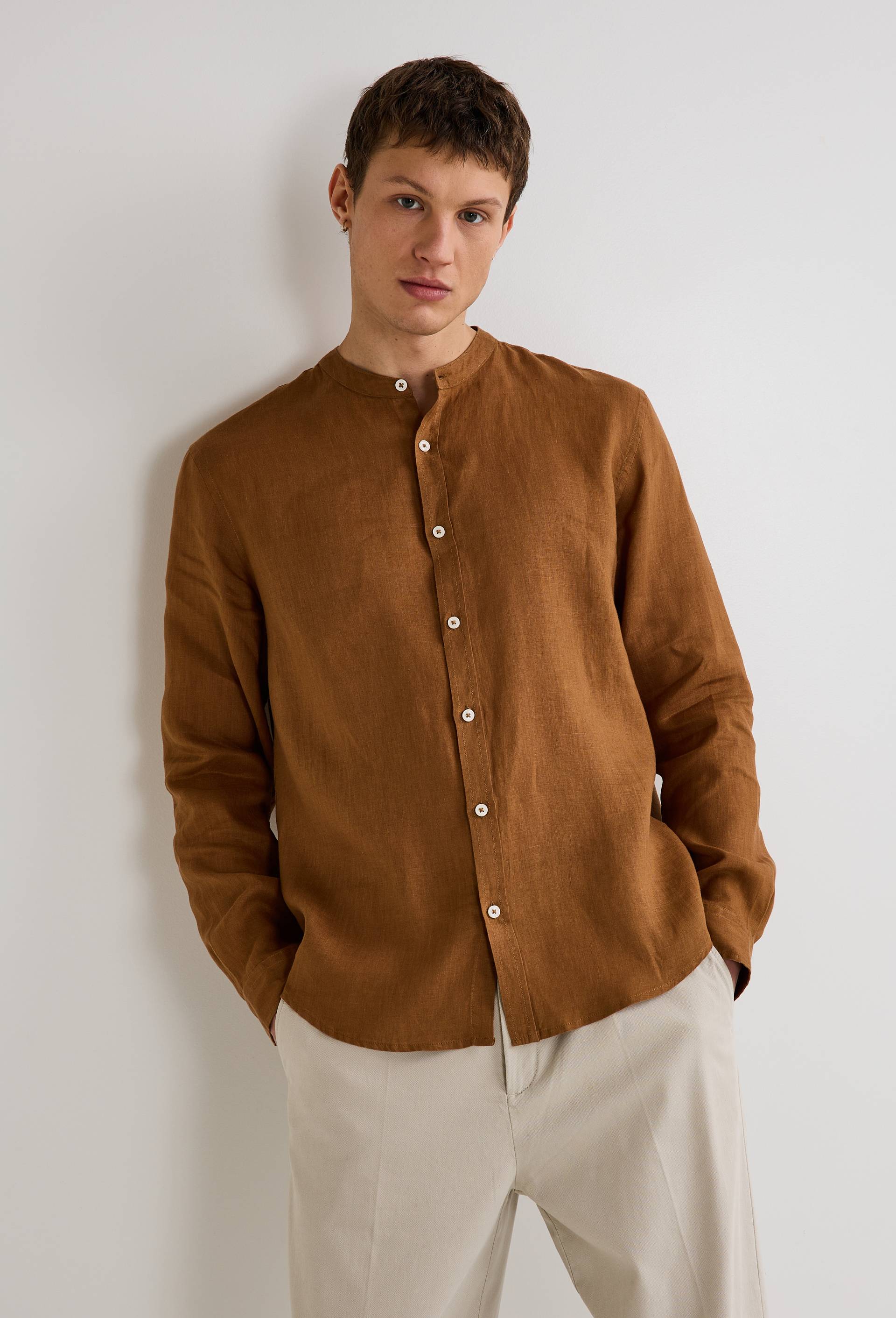 Chemise manches longues col mao en lin BEIGE pour homme MONOPRIX