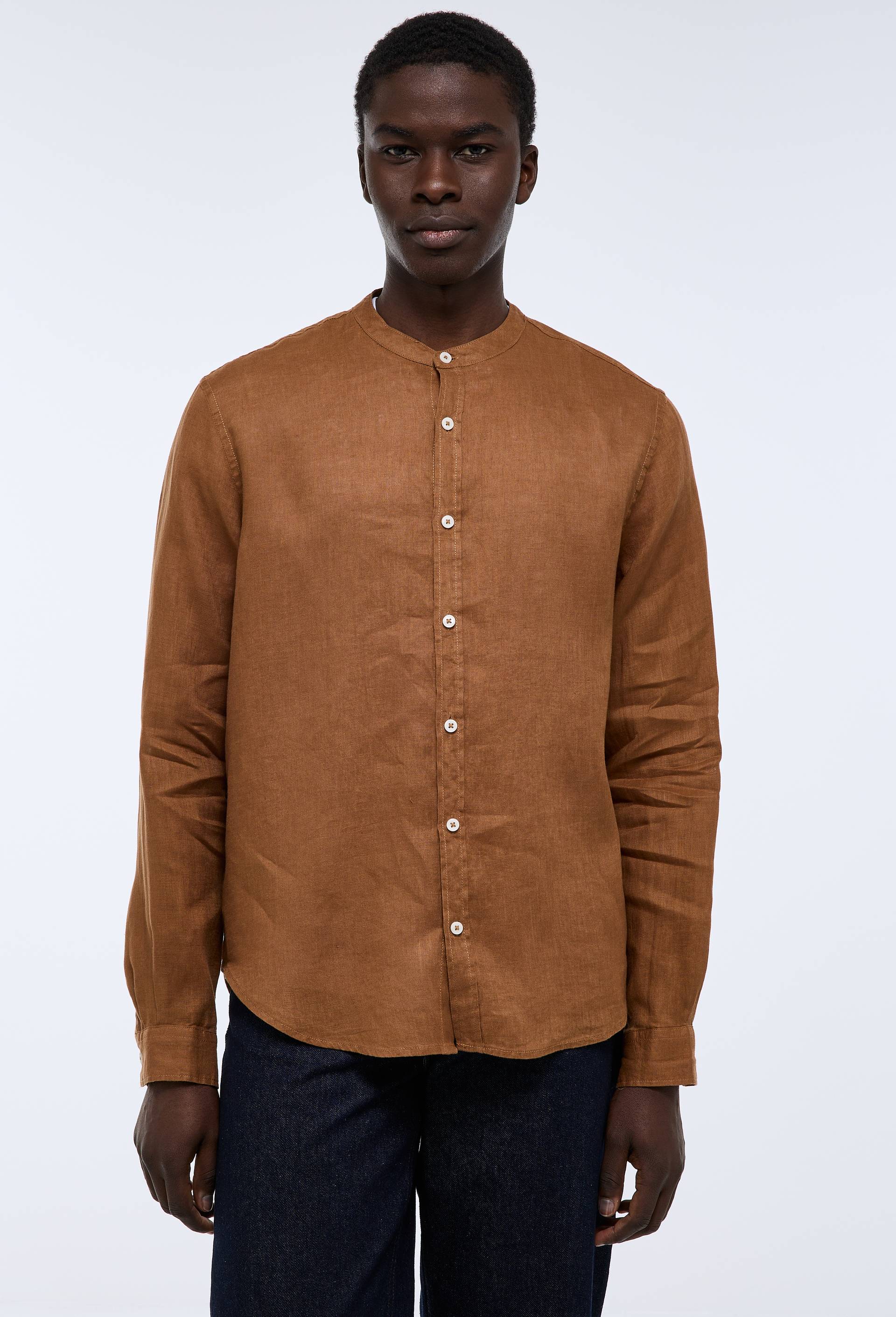 Chemise manches longues col mao en lin, Beige, large image number 0