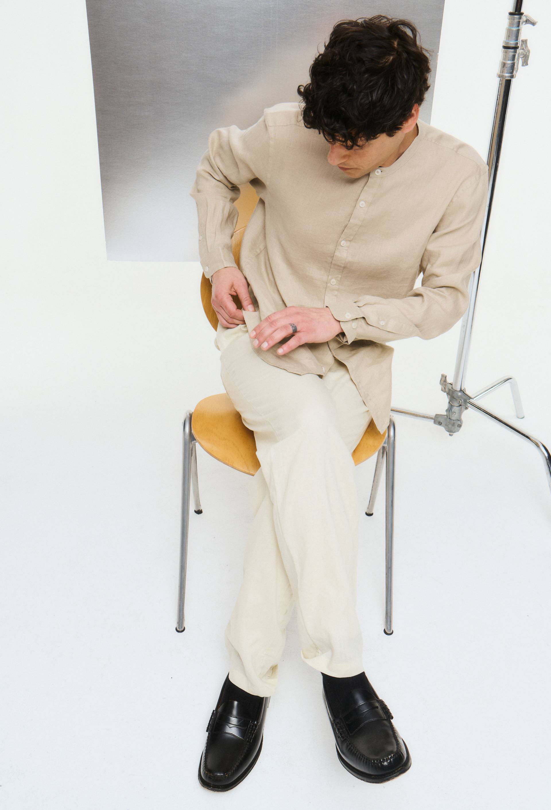 Chemise manches longues col mao en lin, Beige clair, large image number 0.0