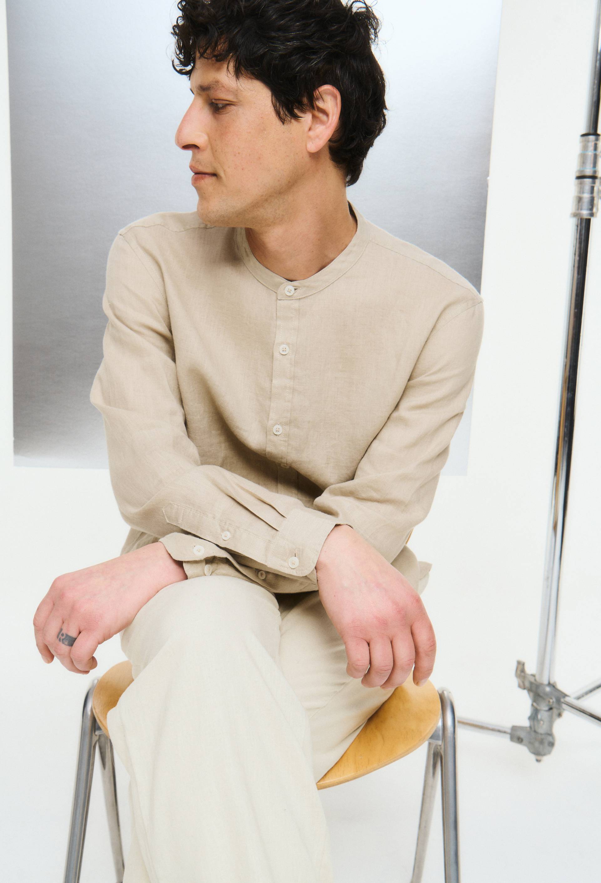 Chemise manches longues col mao en lin, Beige clair, large image number 1