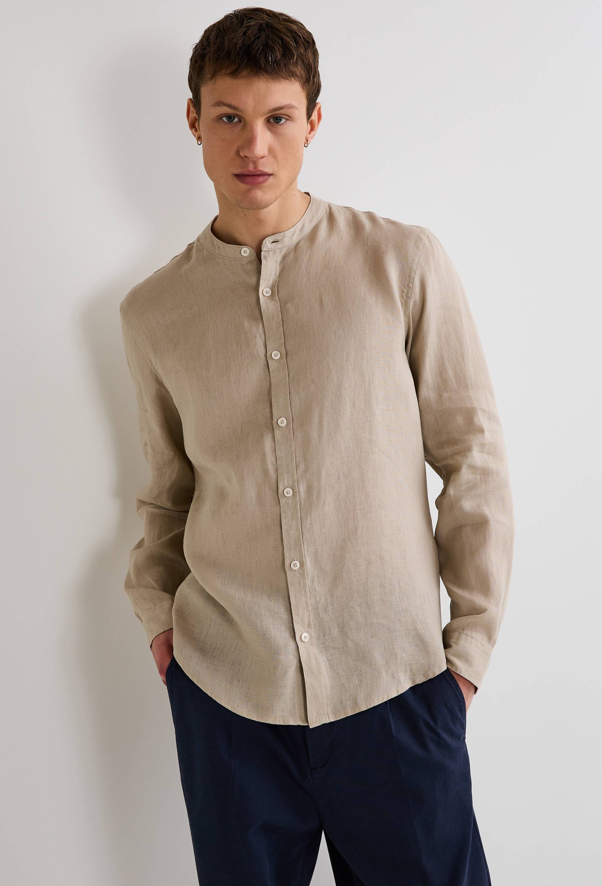 Chemise manches longues col mao en lin, Beige clair, large image number 2.0