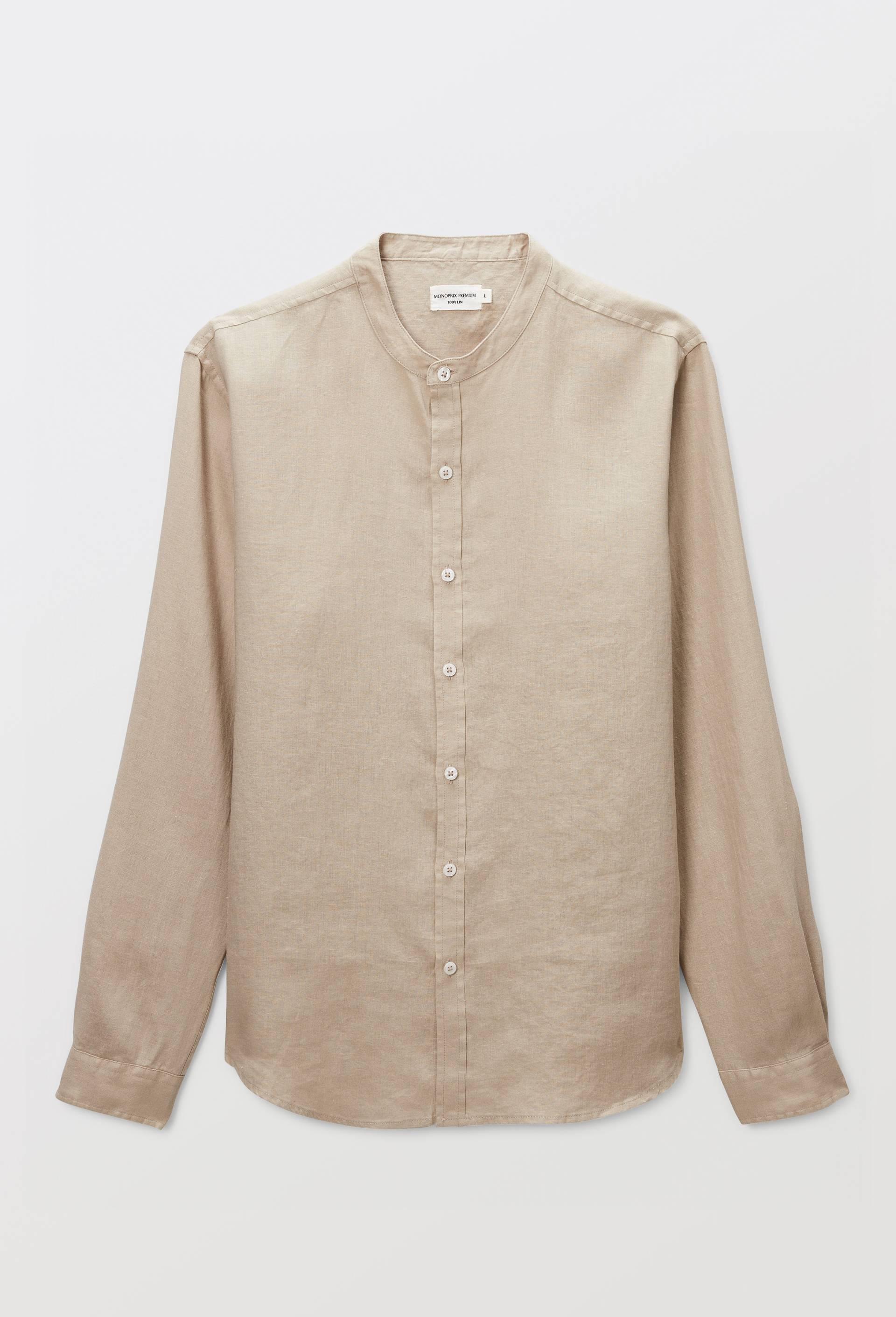 Chemise manches longues col mao en lin, Beige clair, large image number 2
