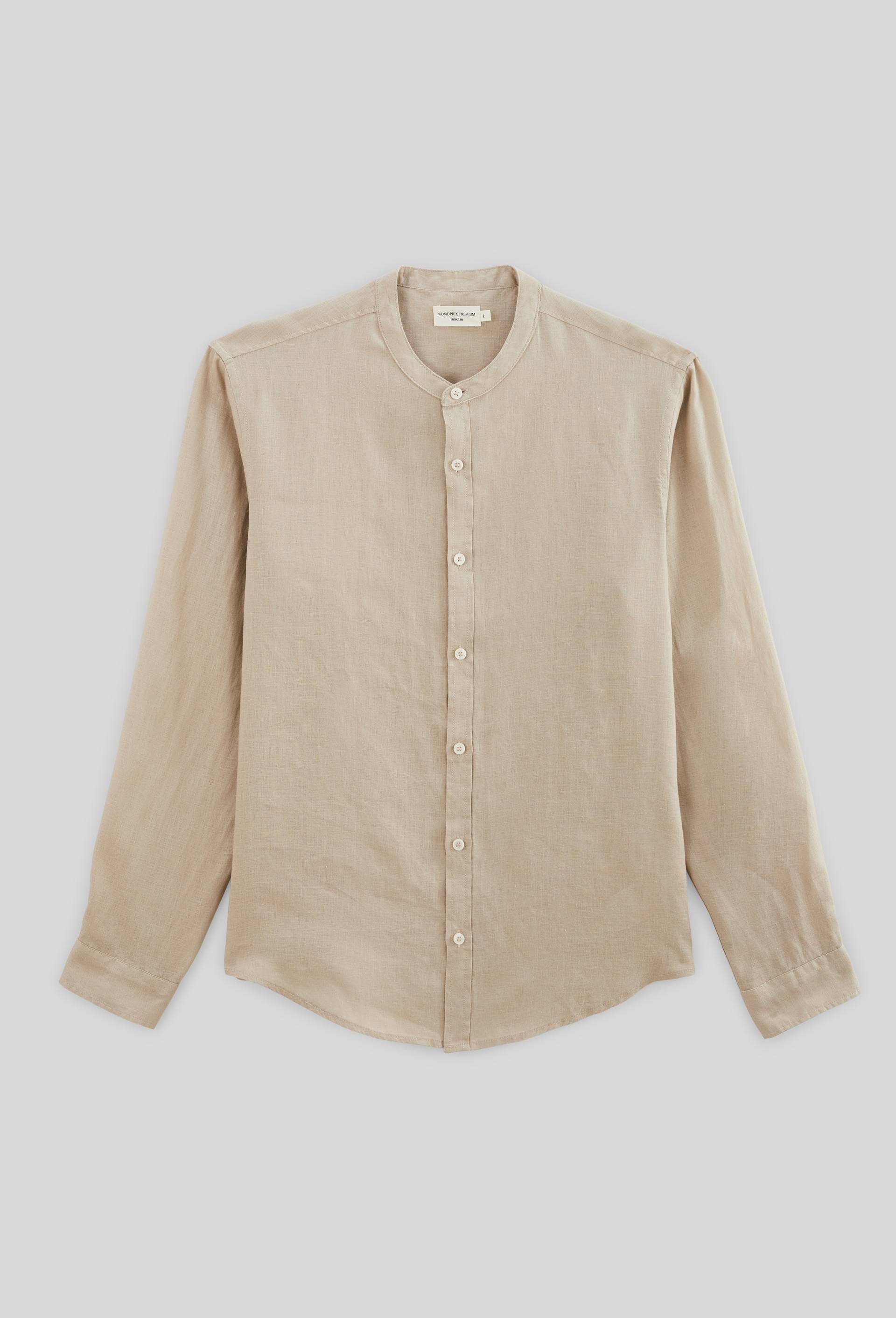 Chemise manches longues col mao en lin, Beige clair, large image number 4