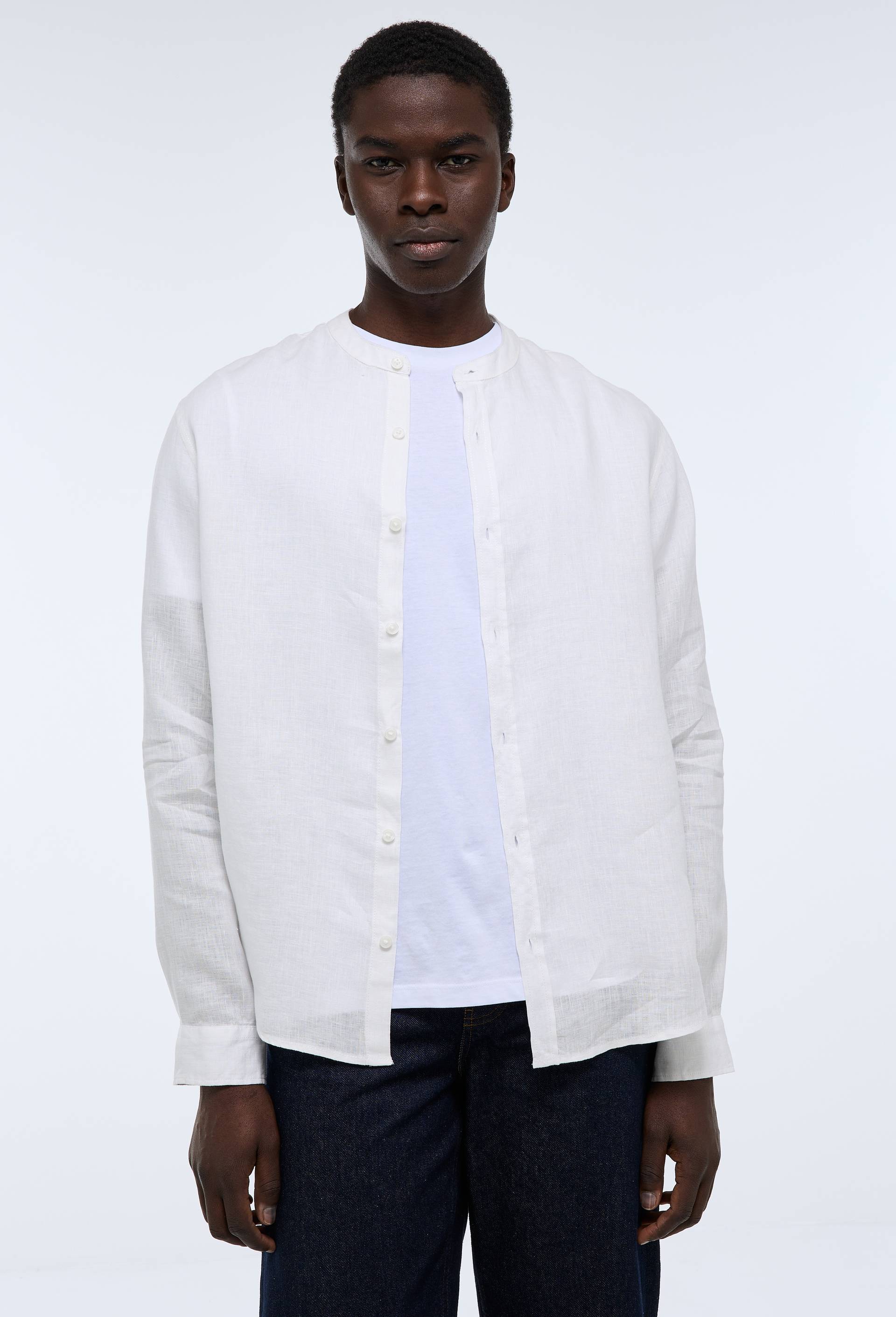 Chemise manches longues col mao en lin, Beige clair, large image number 0.0