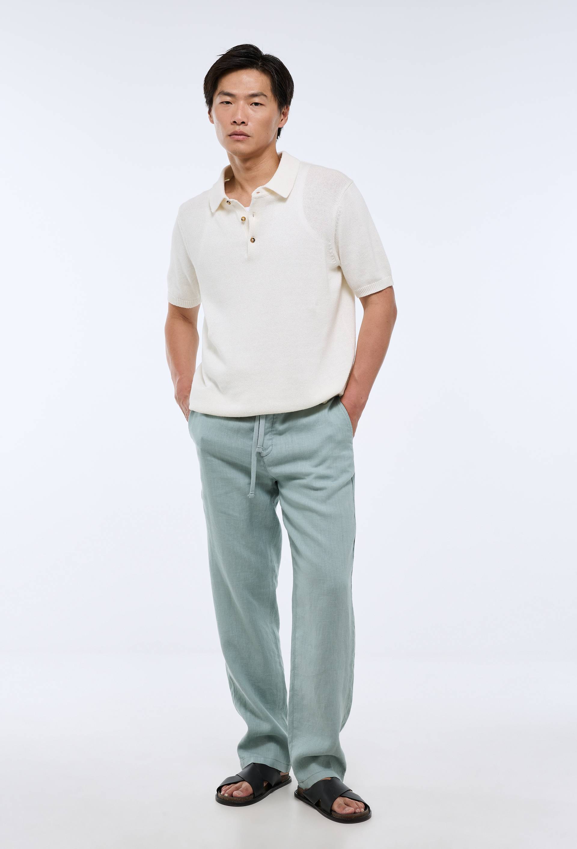 Pantalon &eacute;lastiqu&eacute; en lin, Vert clair, swatch image