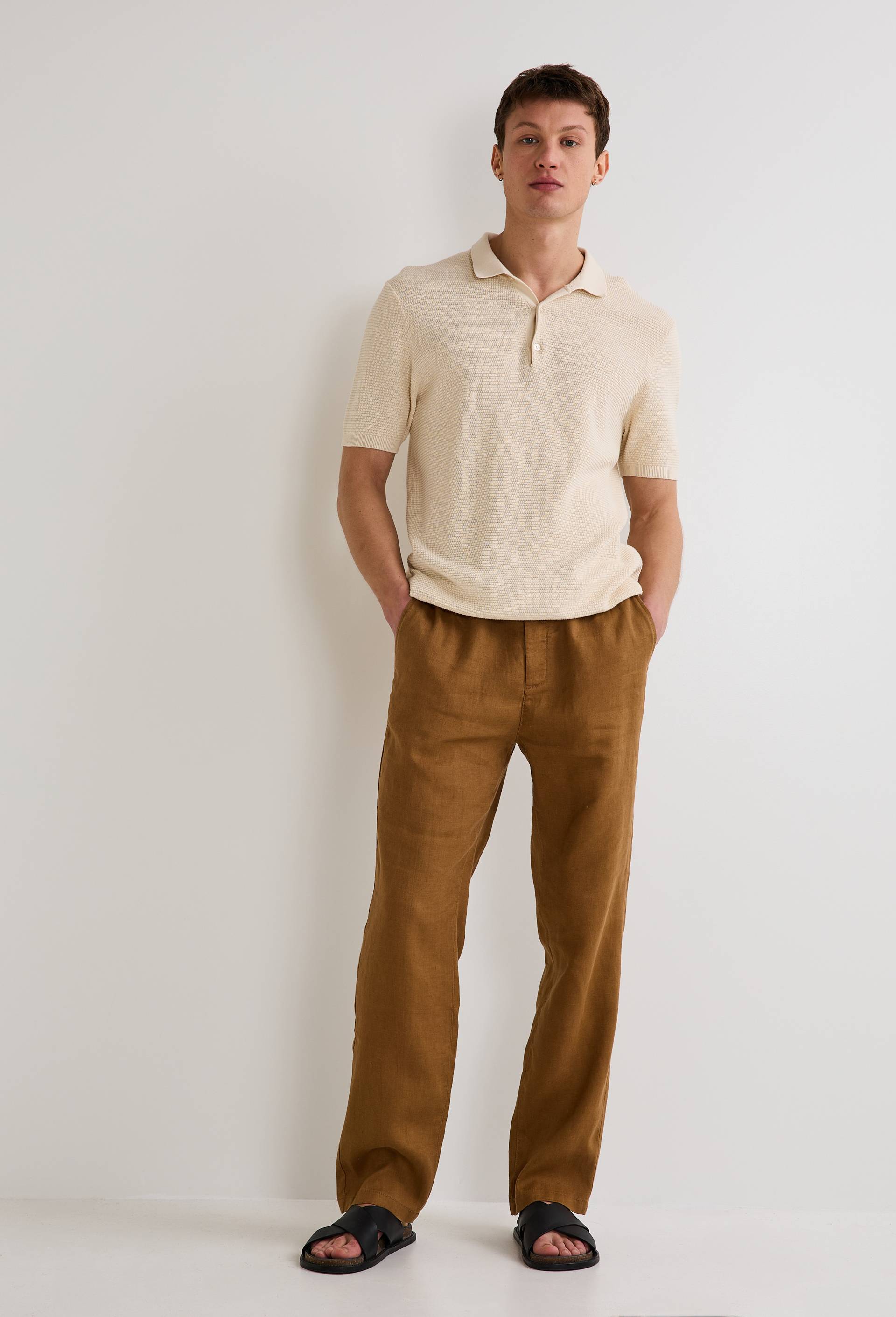 Pantalon élastiqué en lin, Beige, large image number 0