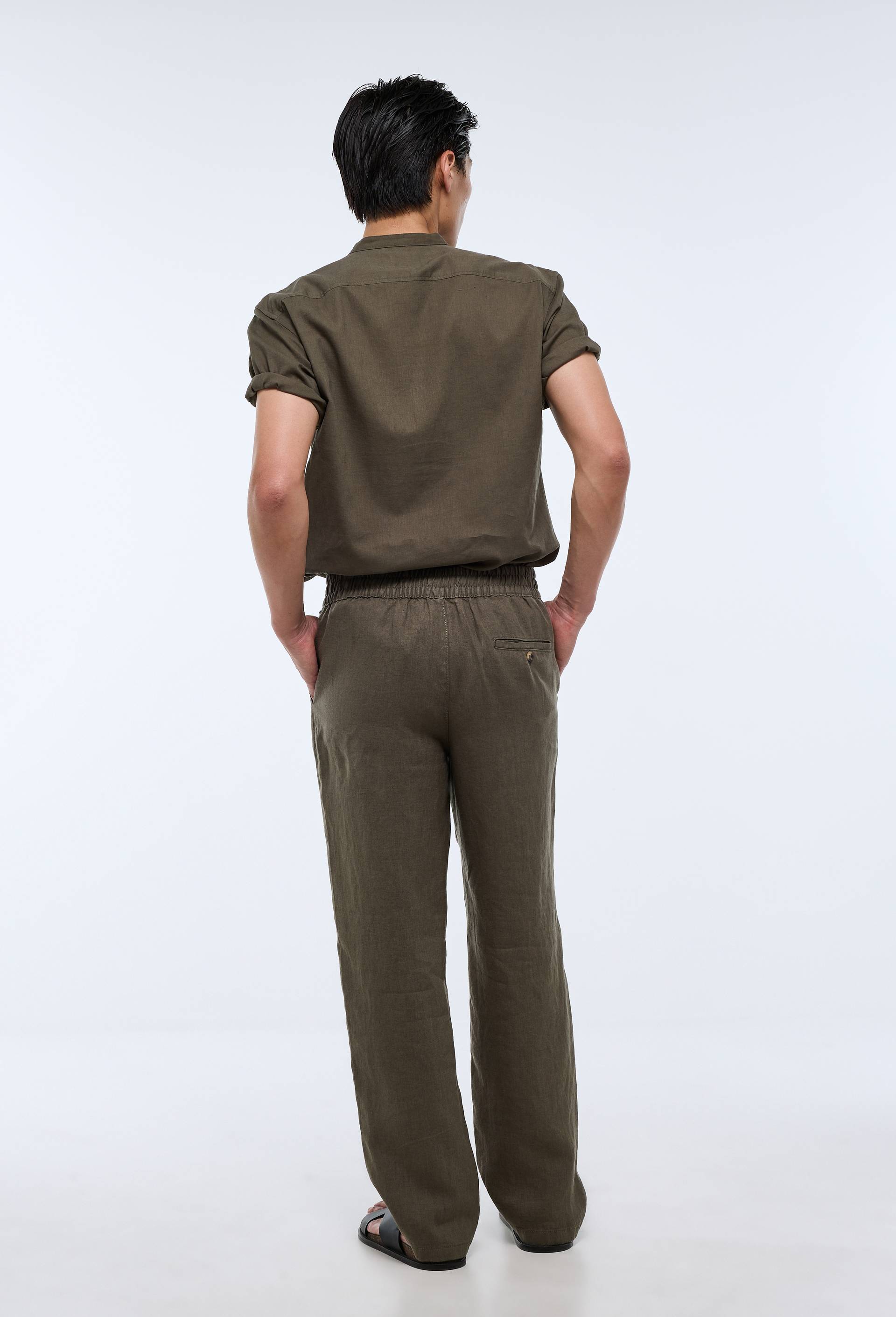 Pantalon &eacute;lastiqu&eacute; en lin, Vert fonc&eacute;, large image number 1.0