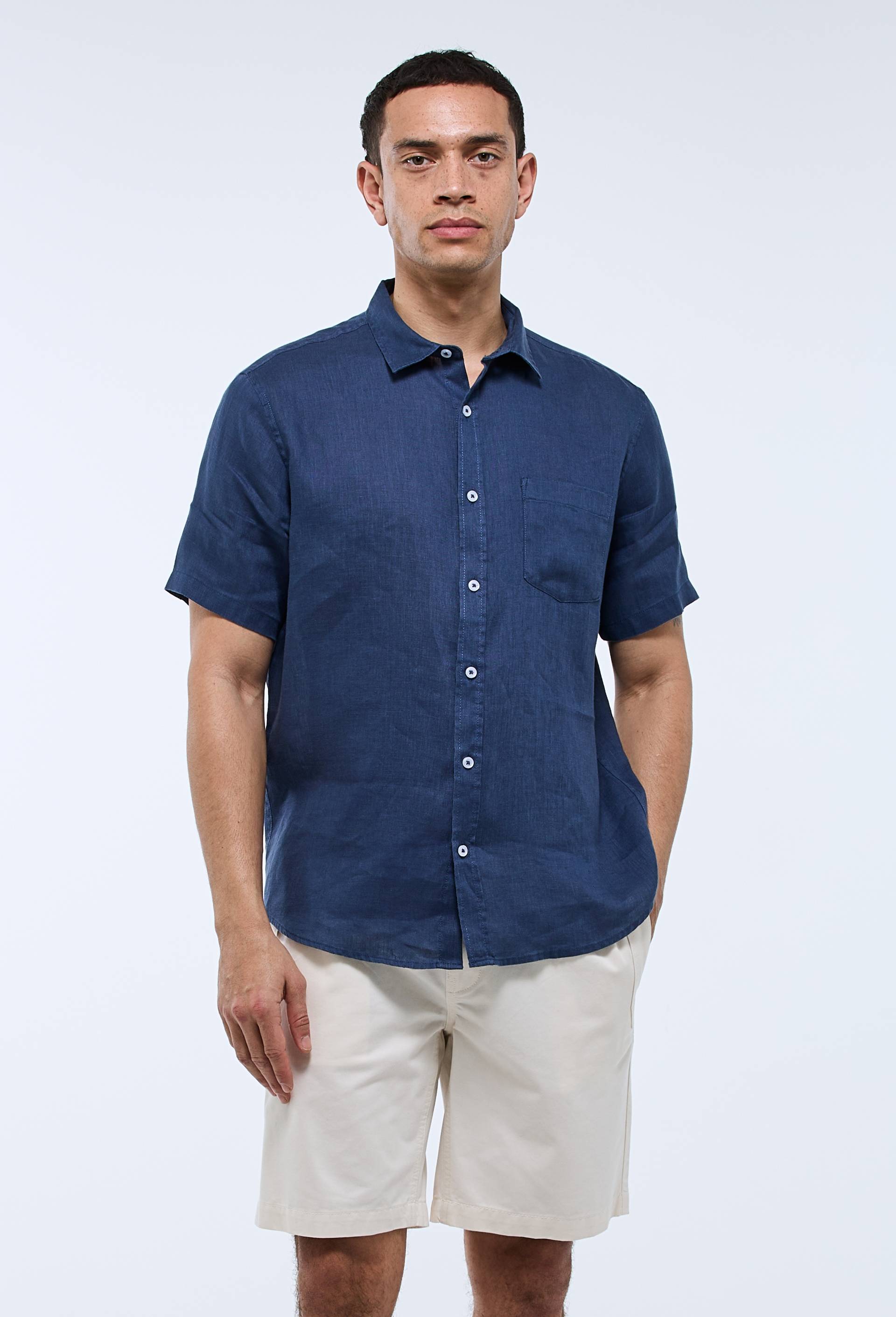 Chemise manches courtes en lin, Bleu fonc&eacute;, large image number 0